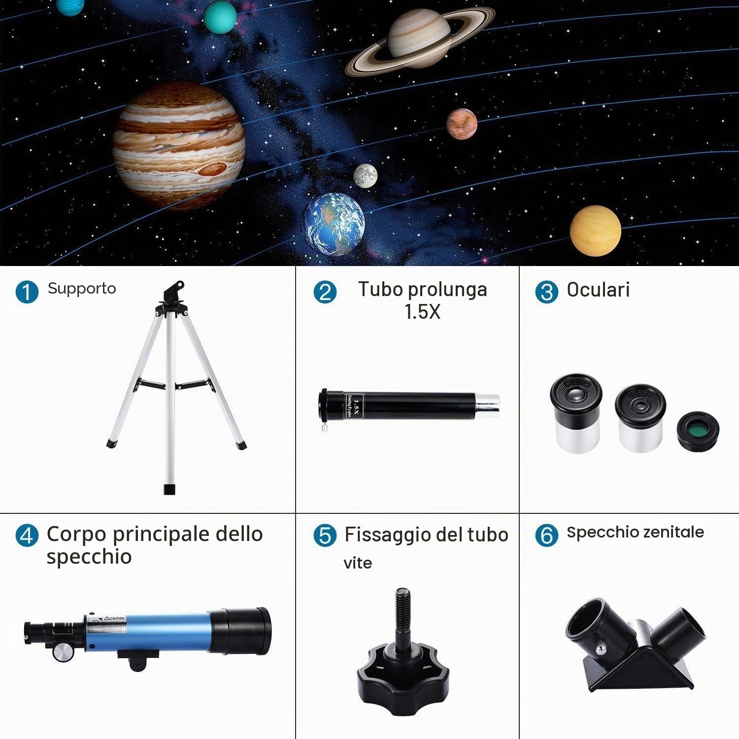 Telescopio per Principianti e Bambini, Rifrattore con Apertura di 50 mm, Telescopio Astronomico portatile 90X con Treppiede, 2 oculari, lente di Barlow 1,5X, Regalo per Appassionati di Astronomia