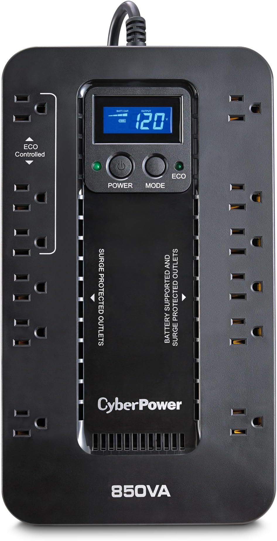 - CyberPower EC850LCD Ecologic UPS Battery Backup and Surge Protector, 850VA/510W, 12 Outlets, ECO Mode, Compact, UL Certified
