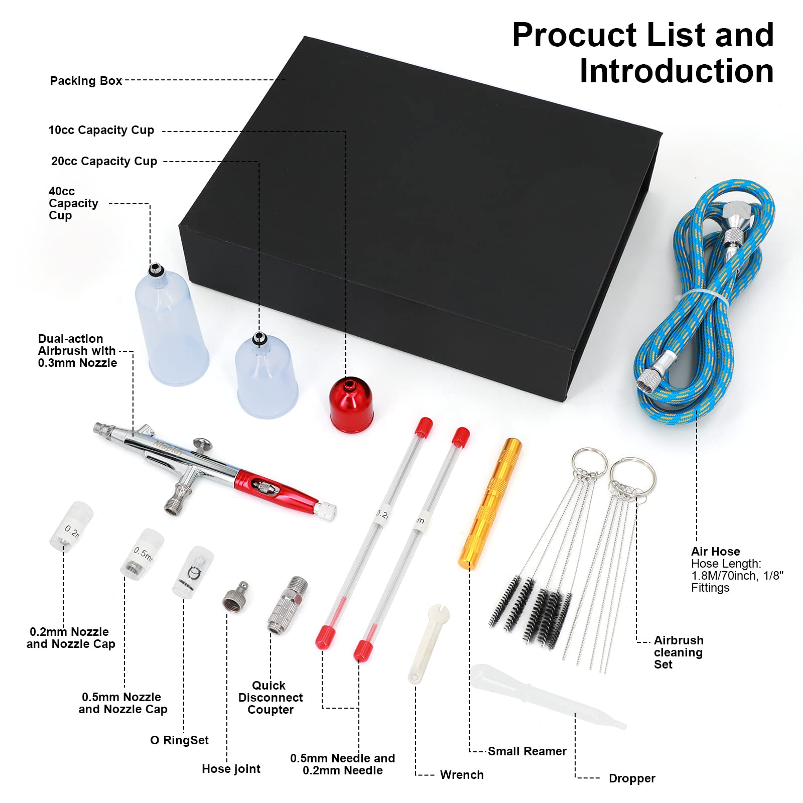 Airbrush Set – Airbrushpistole Kit mit 3 Präzisionsdüsen (0,2/0,3/0,5 mm), 3 Farbbehältern, Geflochtenem Luftschlauch & Reinigungsset, Ideal für Modellbau, Nailart & DIY