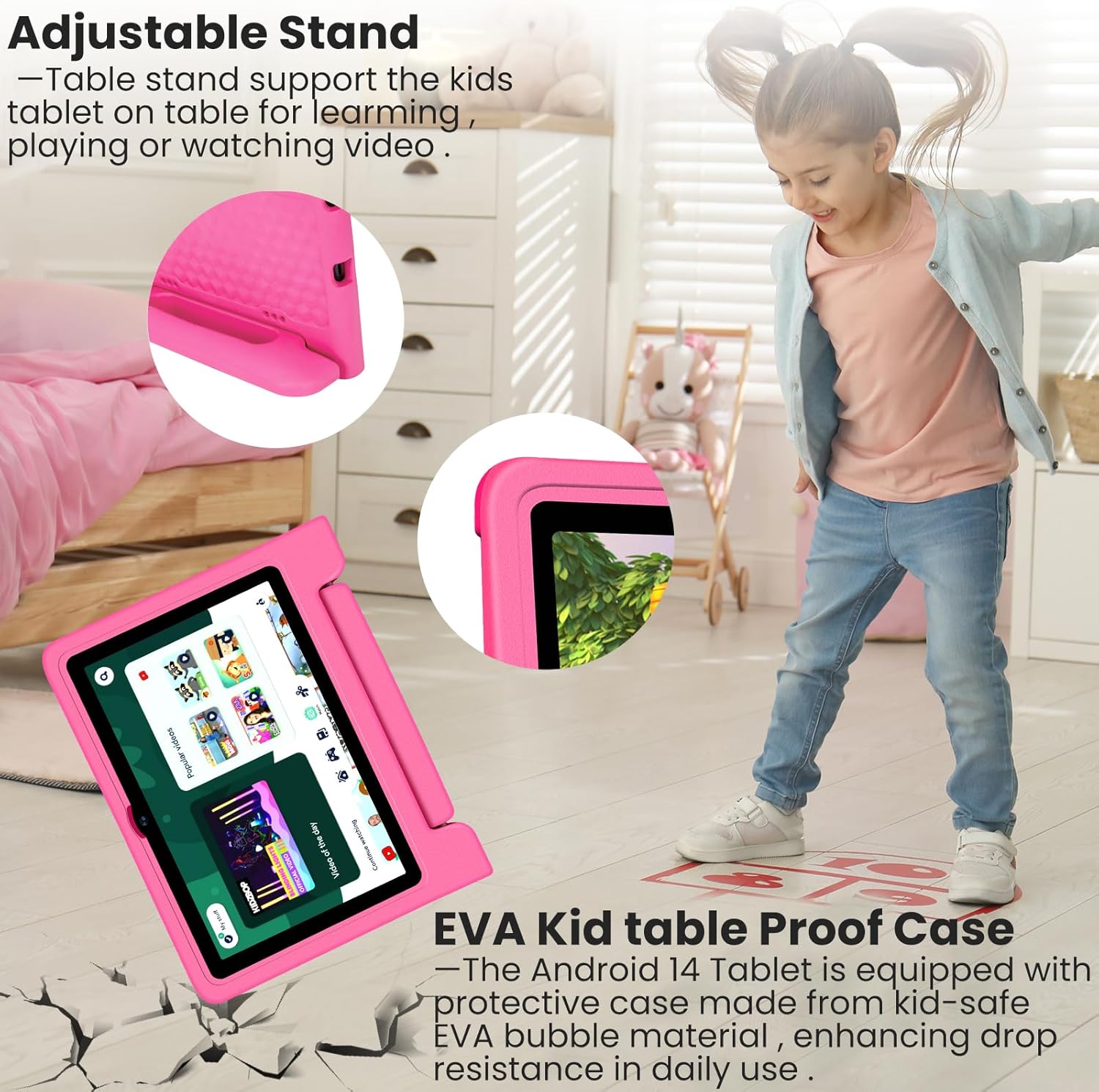 Kids Tablet 10.1 inch Android 14 Octa-Core 64GB 6000mAh Kids Space Parental Control 1280 * 800 HD Touchscreen Shockproof Case Dual Camera Gift for Toddler Children (Pink)