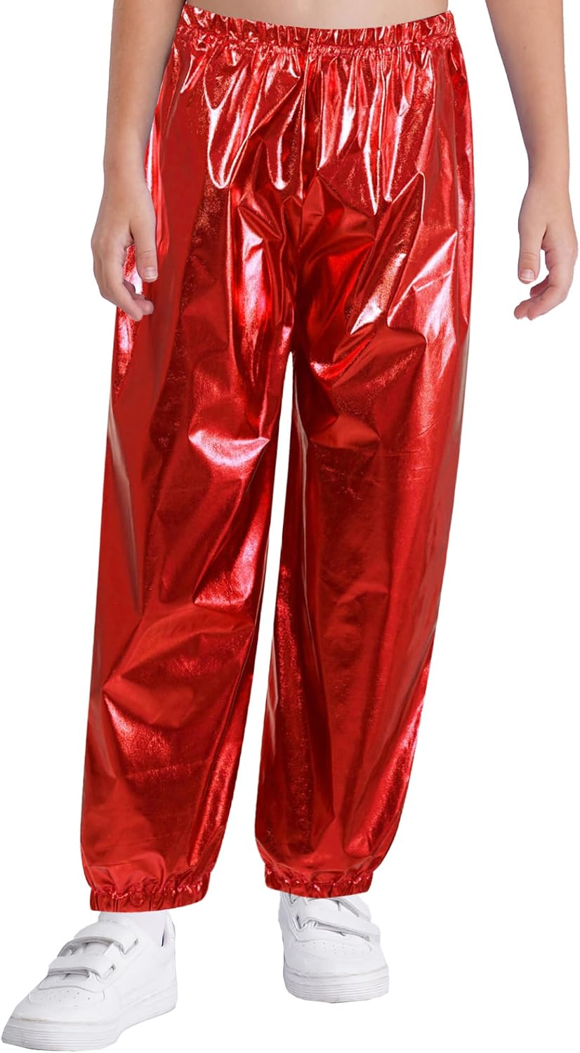 Linjinx Kids Girls Shiny Metallic Hip Hop Jazz Dance Pants Elastic Waist Wide Leg Trousers Performance Dance