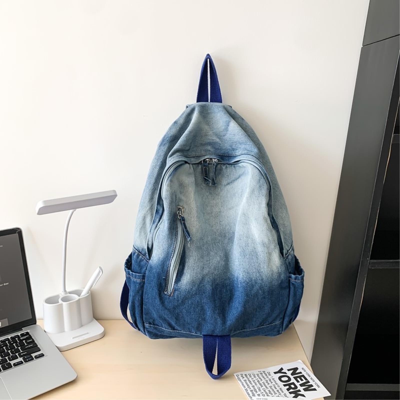 Zaino da Viaggio Gradiente Lavato Denim Spezzato Cerniera Tirare Laterale Bottiglia d'Acqua Tasca Sacco Giorno Vintage per Il Giornaliero del Campus-Blue