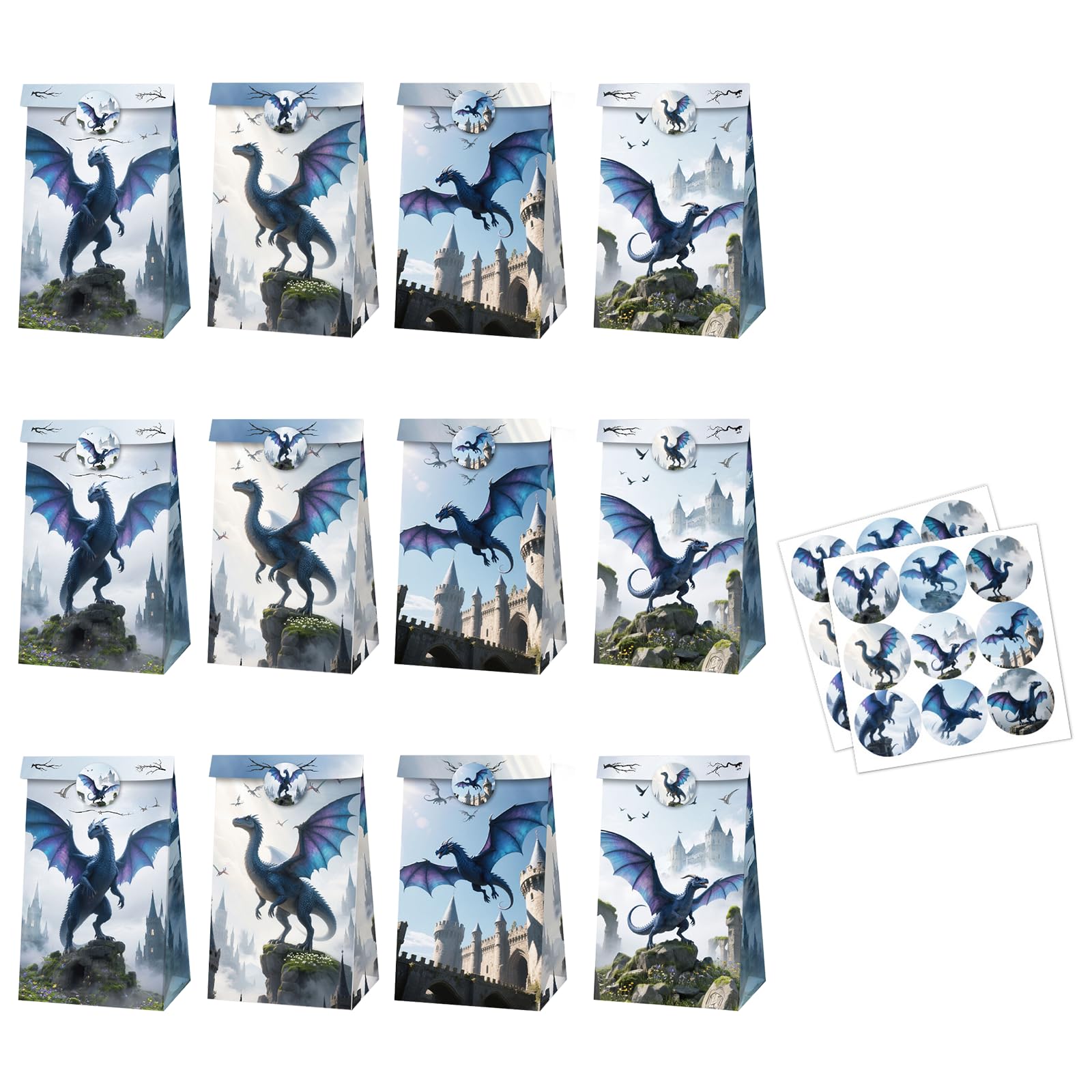 12 PCS Dragon Party Bags, Paper Party Gift Bags with Handle, Kraft Paper Gift Bags, Paper Bag for Birthday Party Favors, Baby Shower, Celebrations, Events, Dragon Gifts