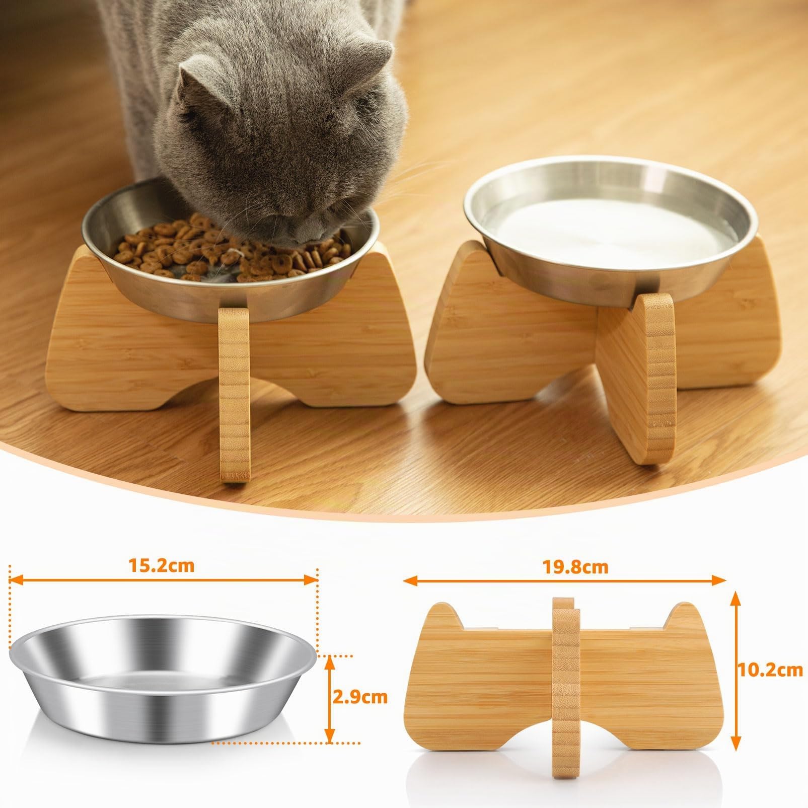 Comedero Gato Elevado Acero Inoxidable Soporte Bambú Madera Antideslizante,Platos Cuencos para Gatos Pequeño Plano Fatiga Bigote Perro para Cat Mascota Bowl Comida Agua Plateado (2 Piezas)