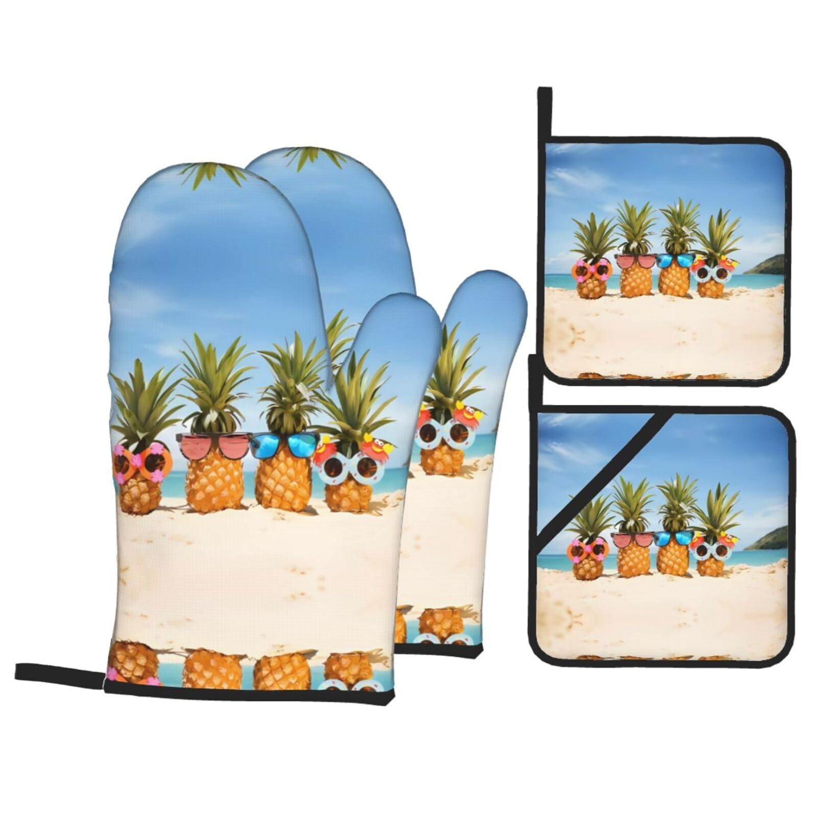 Trukd Ocean Beach - Guanti da forno con ananas, 2 guanti e 2 presine, resistenti al calore, per cucina, forno a microonde, barbecue
