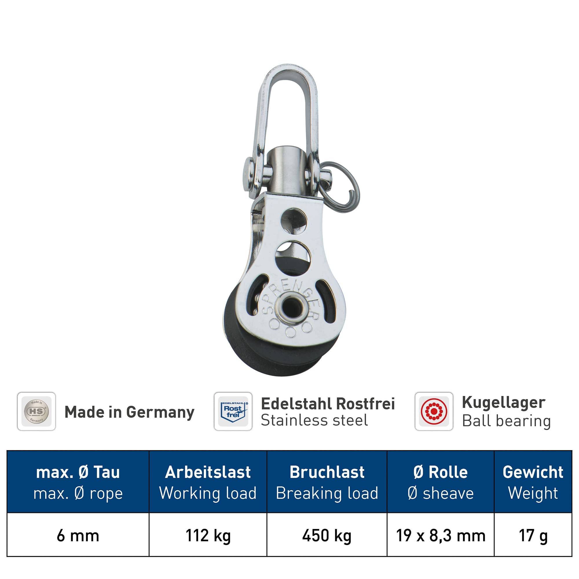 Sprenger Micro XS Block (Umlenkrolle) Kugellager 6 mm - 1 Rolle, Wirbel