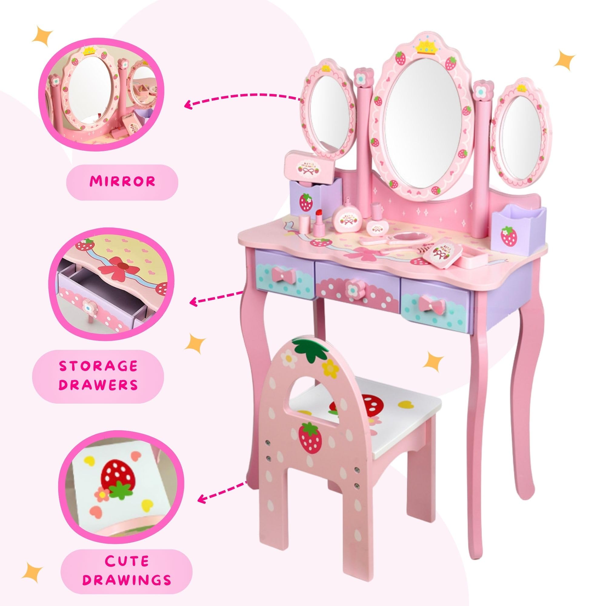 Tocador Infantil de Madera con Taburete y Cajones. Mesa de Maquillaje para Niñas con Accesorios y Espejo Plegable. Juego de Tocador de Maquillaje y Silla para Niña +3 Años, para Regalo de Cumpleaños.