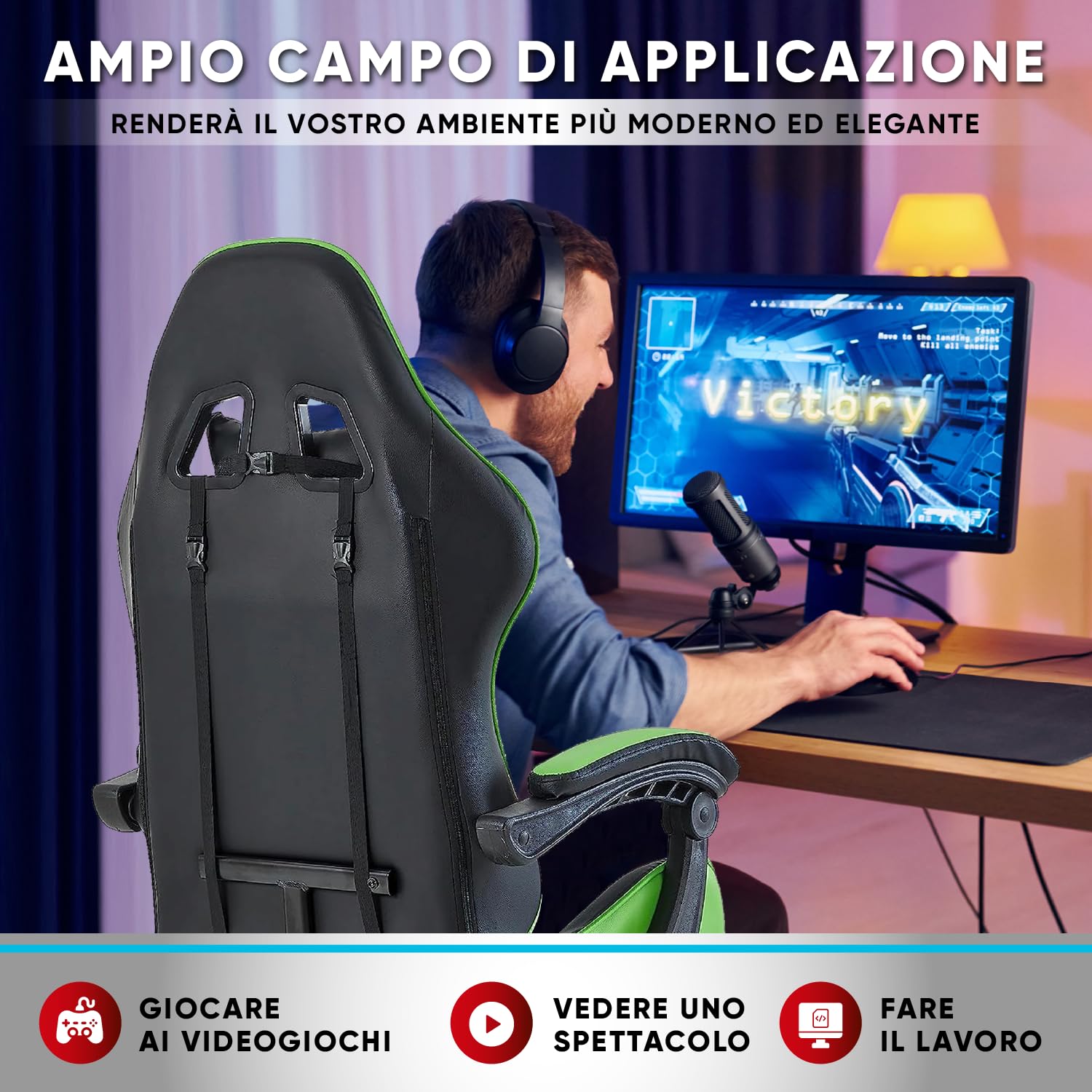 Walden Sedia da gaming, ergonomica, da ufficio, da gaming, schienale regolabile, sedia girevole da corsa, ufficio, computer, ergonomica, videogioco (Verde)