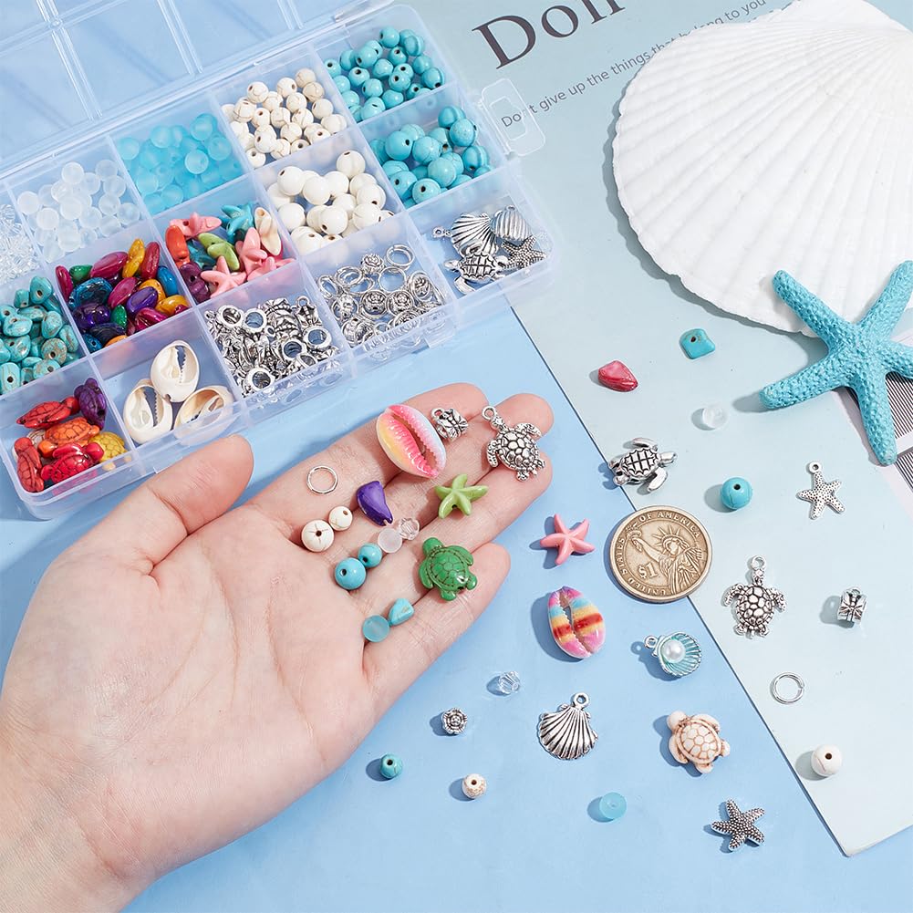 PH PandaHall 371pcs Ocean Theme Jewellery Kits Seashell Charms Turquoise Turtle Starfish Beads White Blue Beads with Jewellery Findings for Summer Necklace Earring Bracelet Anklet Jewellery Making - Image 3