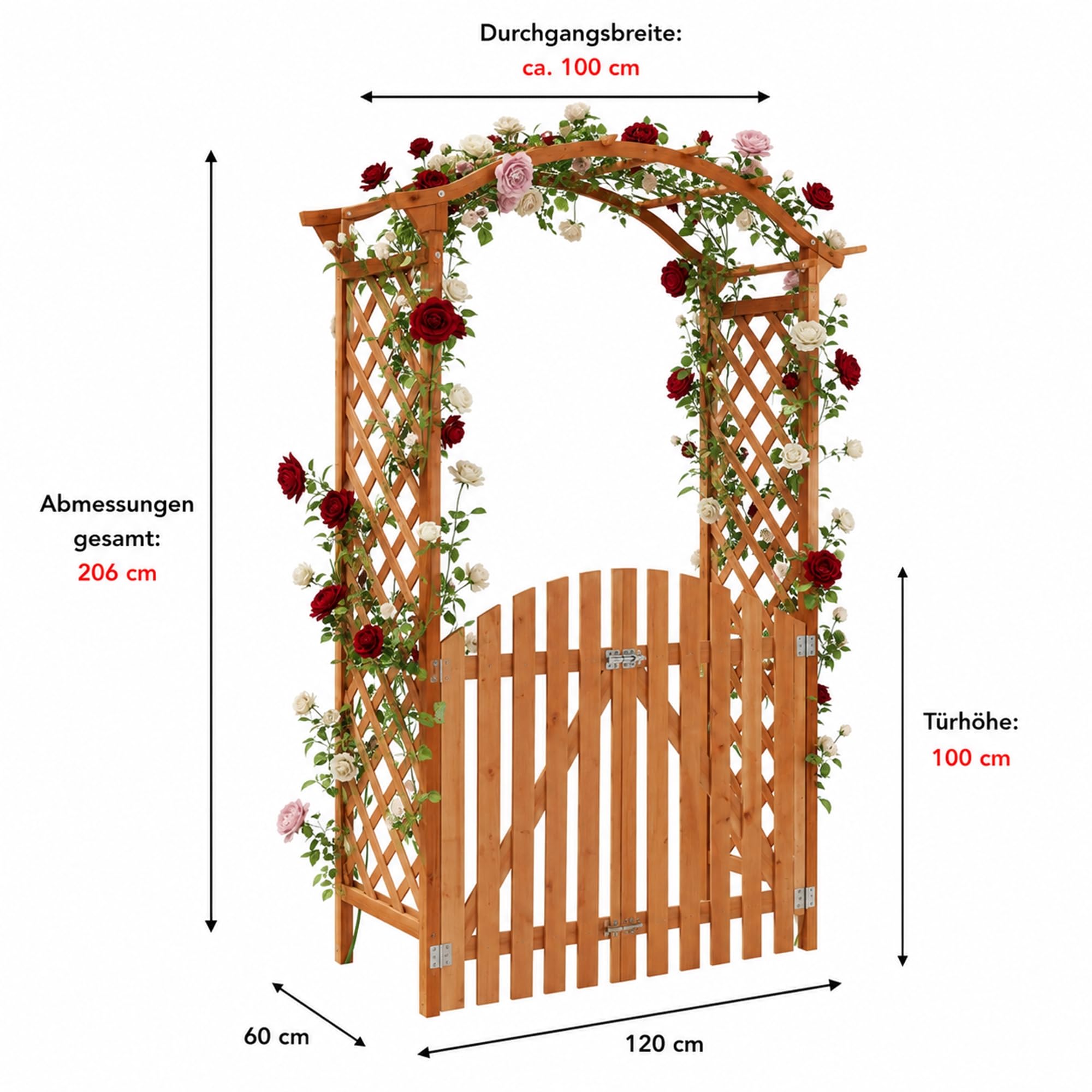 Mucola Rosenbogen aus Holz mit Doppeltüren – Gartenbogen dekorativ, Rankhilfe für Rosen und Kletterpflanzen, 120x60x206 cm, Outdoor Gartenelement