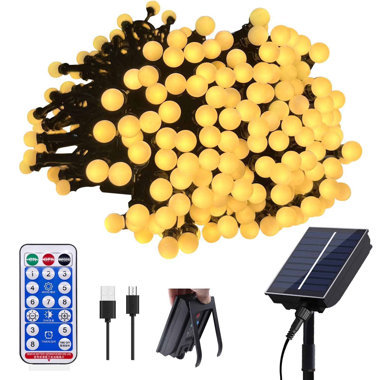 hongtang Cadena de luces solares para exteriores, 32 m, 300 LED, bolas de luz solar, 8 modos, resistente a la intemperie, para jardín, balcón, boda, Navidad, fiesta decorativa (blanco cálido)