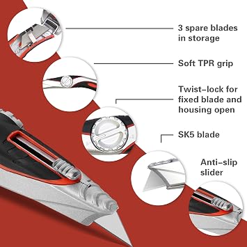 XW Heavy Duty Retractable Utility Knife with Twist Lock for Fixed Drywall Knife with Long Handle, 3 Spare Blades in Storage