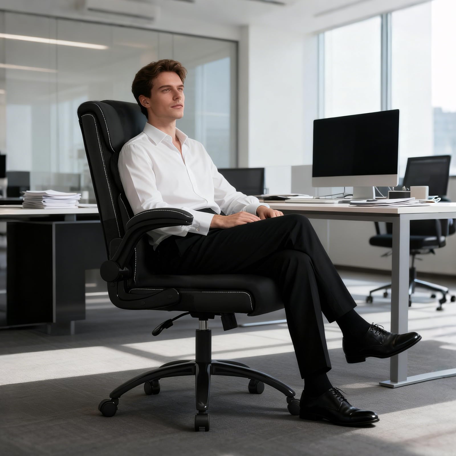 Office Chair Ergonomic Computer Desk Chairs Executive Breathable Leather Chair with Adjustable Flip-up Armrests Lumbar Support Swivel Rolling
