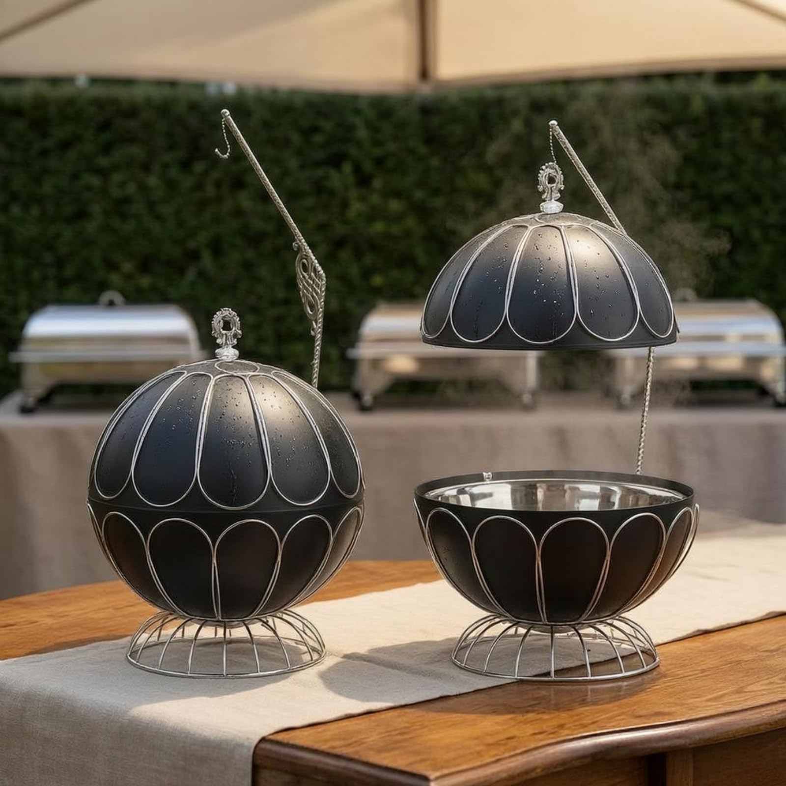Chafing Dish Esférico de Acero Inoxidable con Tapa Suspendida Olla Buffet Redonda Recipiente Calentador con Quemador de Alcohol Adecuado para Catering Recepciones Autoservicio