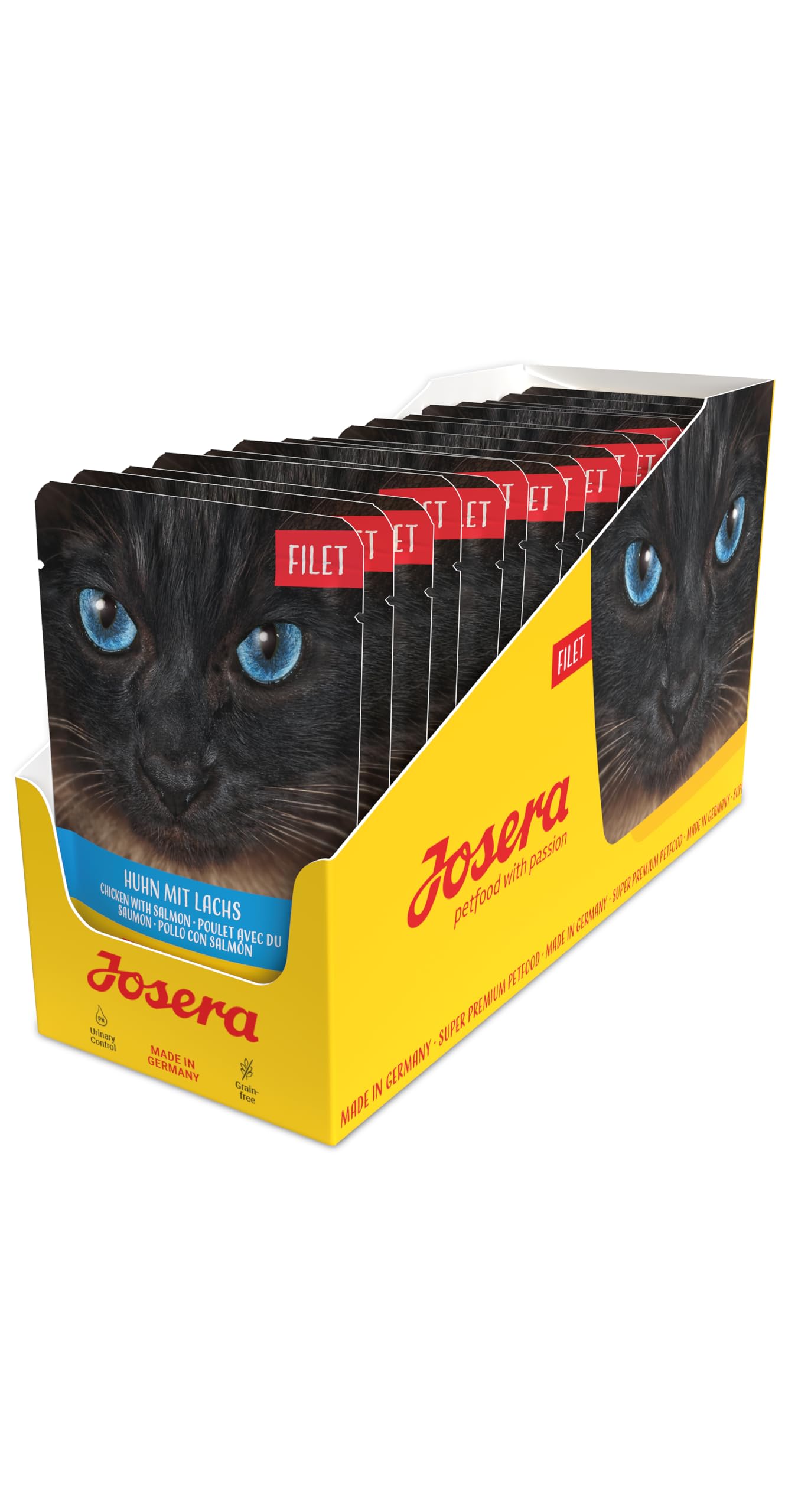 JOSERA Filet Huhn mit Lachs (16 x 70 g) | Adult | Premium Nassfutter für ausgewachsene Katzen | Huhn & Lachs mit 40% Hühnerfilet | getreidefrei | Katzenfutter nass im Frischebeutel | 16er Pack
