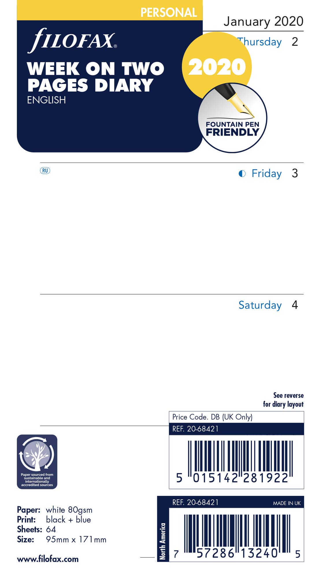 Filofax 2020 Personal/Compact Week to View Refill, English, Jan 2020- Dec 2020, 6.75 x 3.75 inches (20-68421)