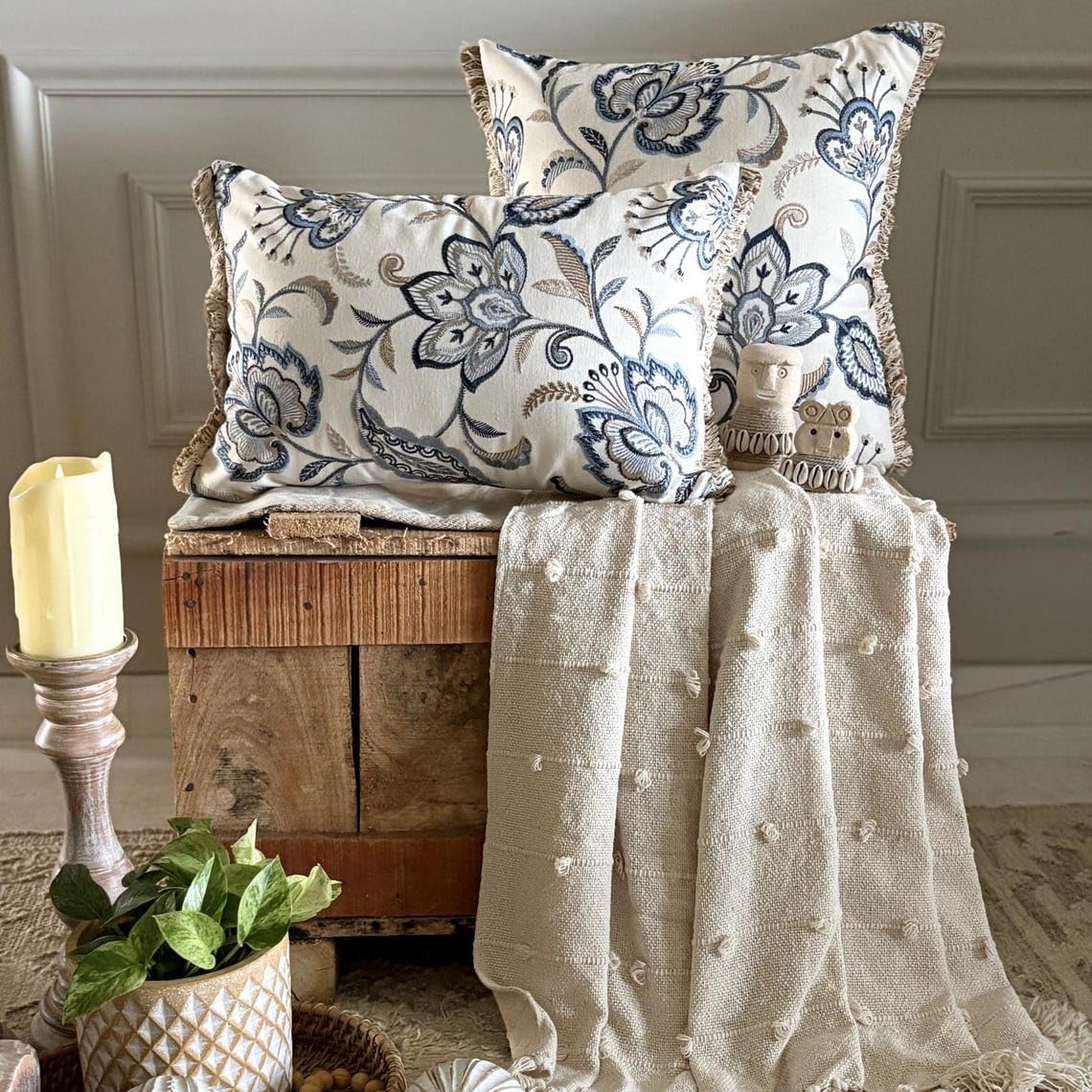 The HomeCentric Pillow Case Custom Blue Pack of 2 24x24 inch (60x60 cm) Pillow Cases Linen Floral Jute Lace Throw Pillows Cover for Sofa Nature Contemporary Halloween Decorations - Morning Glories