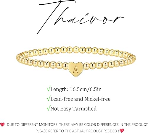 Miniatura 4 de Pulseras de oro para mujer, chapados en oro de 14 quilates, con cuentas de corazón con letras de corazón, pulsera elástica con iniciales doradas,