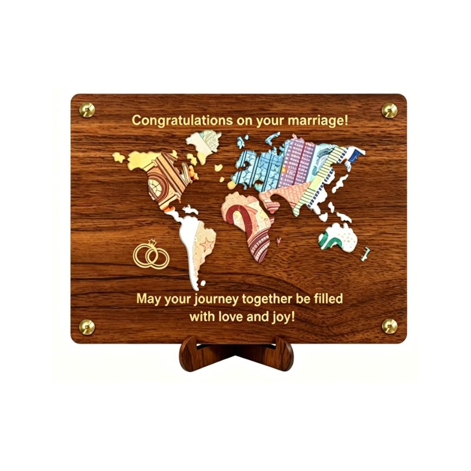 PUQGAOIP Wedding Gifts Creative Wooden Plaque With Holder World Map Design Elegant Marriage Celebration Present And Travel Honeymoon Fund Idea Unique Wedding Money Gift Wallet