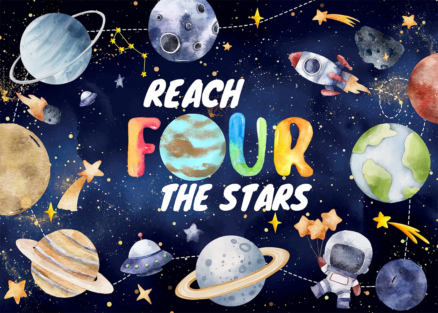 DULUDA 7x5 FT Reach Four The Stars Backdrop Space Planet Rocket Theme Photography Background Happy 4Th Birthday Party for Children Decoration Photo