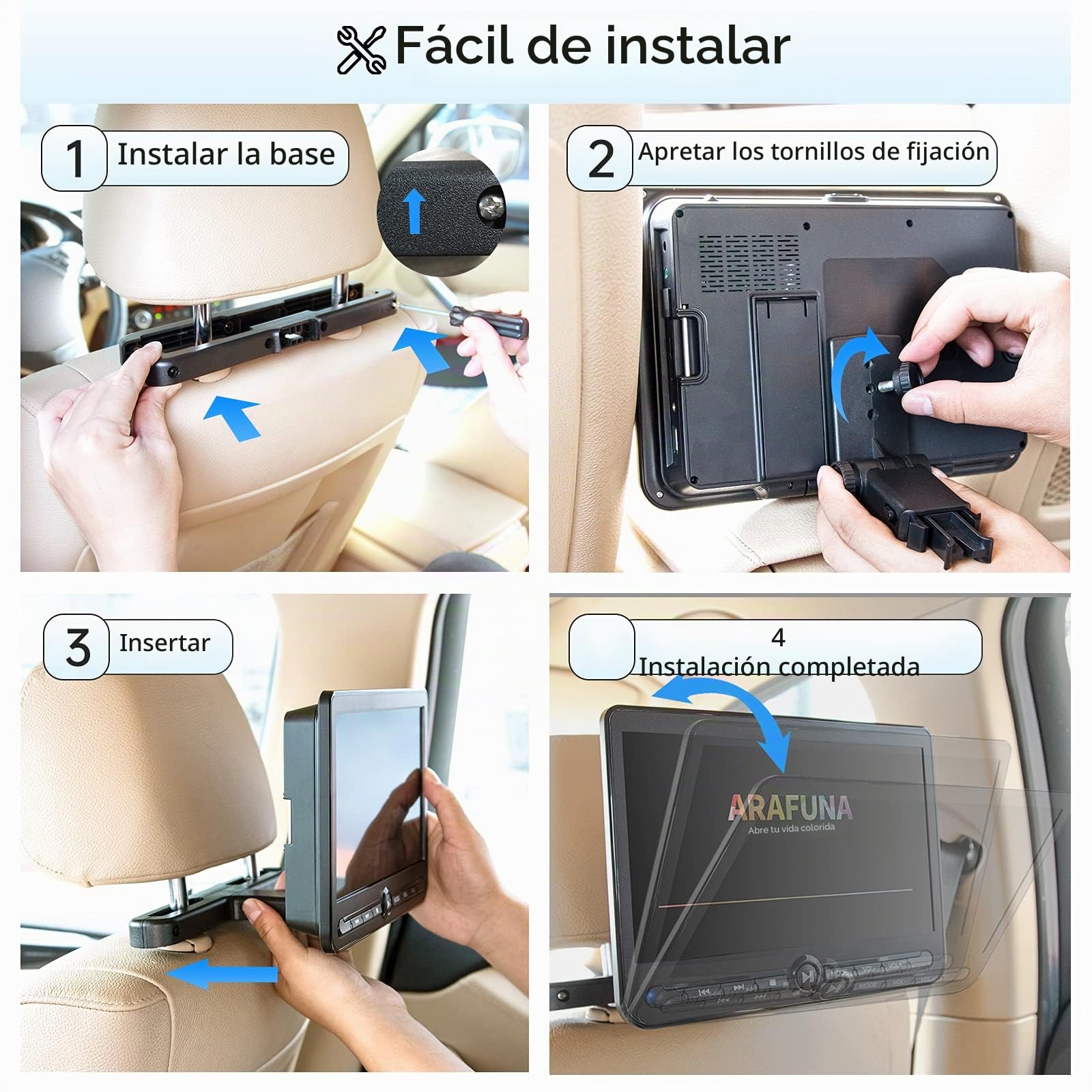 Arafuna 10.5" Reproductor de DVD para Coche, Recargable DVD Portátil Coche, 5000mah Recargable, 2 monitores de reposacabezas, 2 Control Remoto, Cable DVI