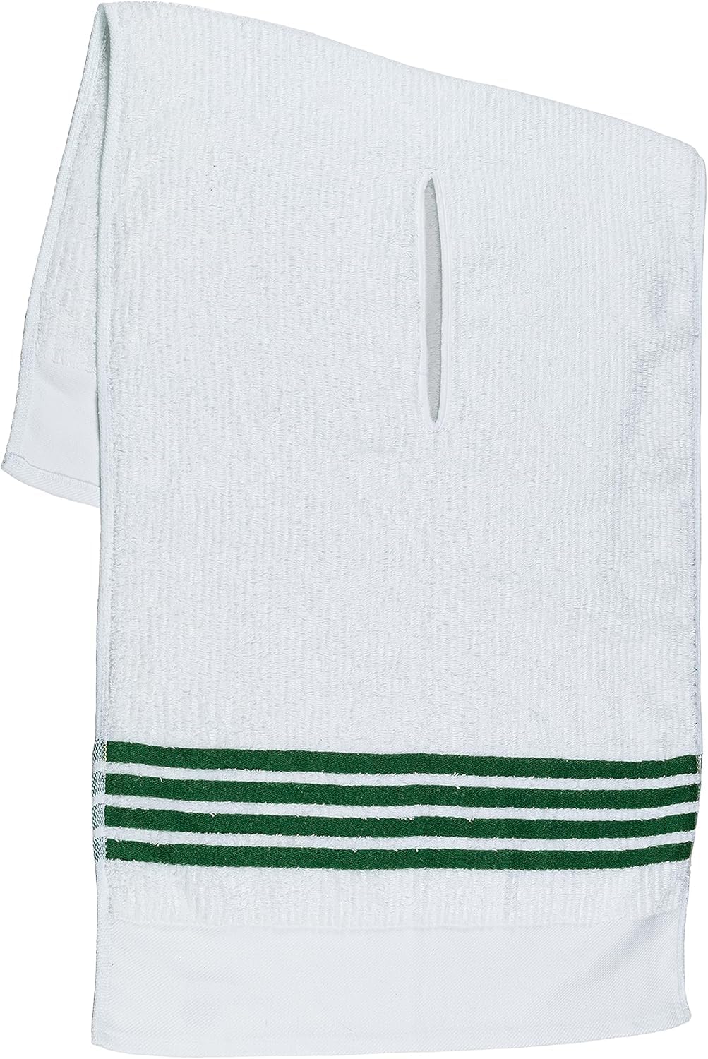 The Tour Towel | Large Golf Caddy Towel Terry Cloth, Absorbent 19" x 44", Center Cut, Perfect Hang Golf Cart Accessory and Golf Bag, White with Green Stripes.