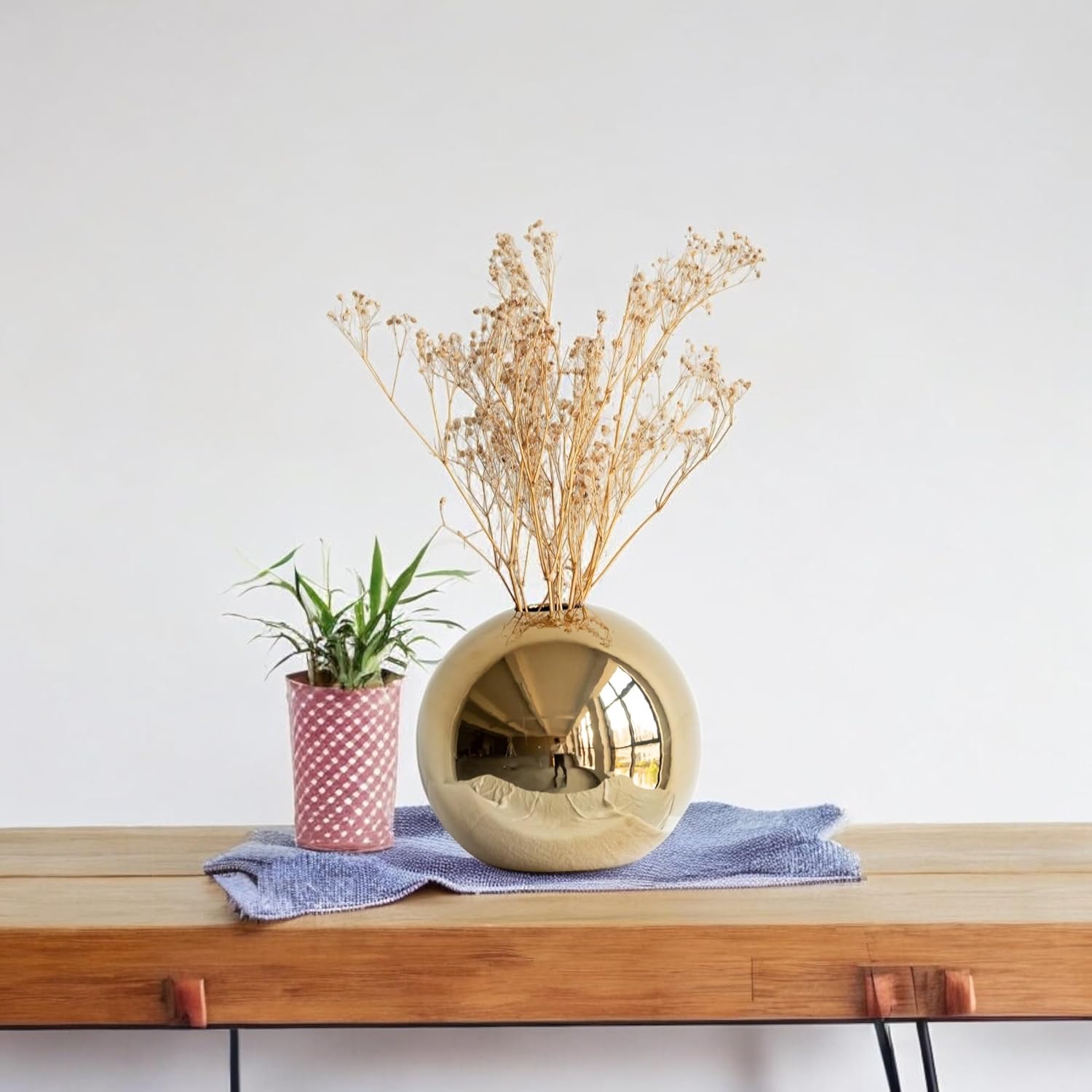 Small Mini Glossy Gold Vase Ceramic Golden Vases Home Decor, Modern Minimalist Circle with Hole Decorative Vase, Round Flower Golden vases for Bookshelf Centerpiece Rustic Boho