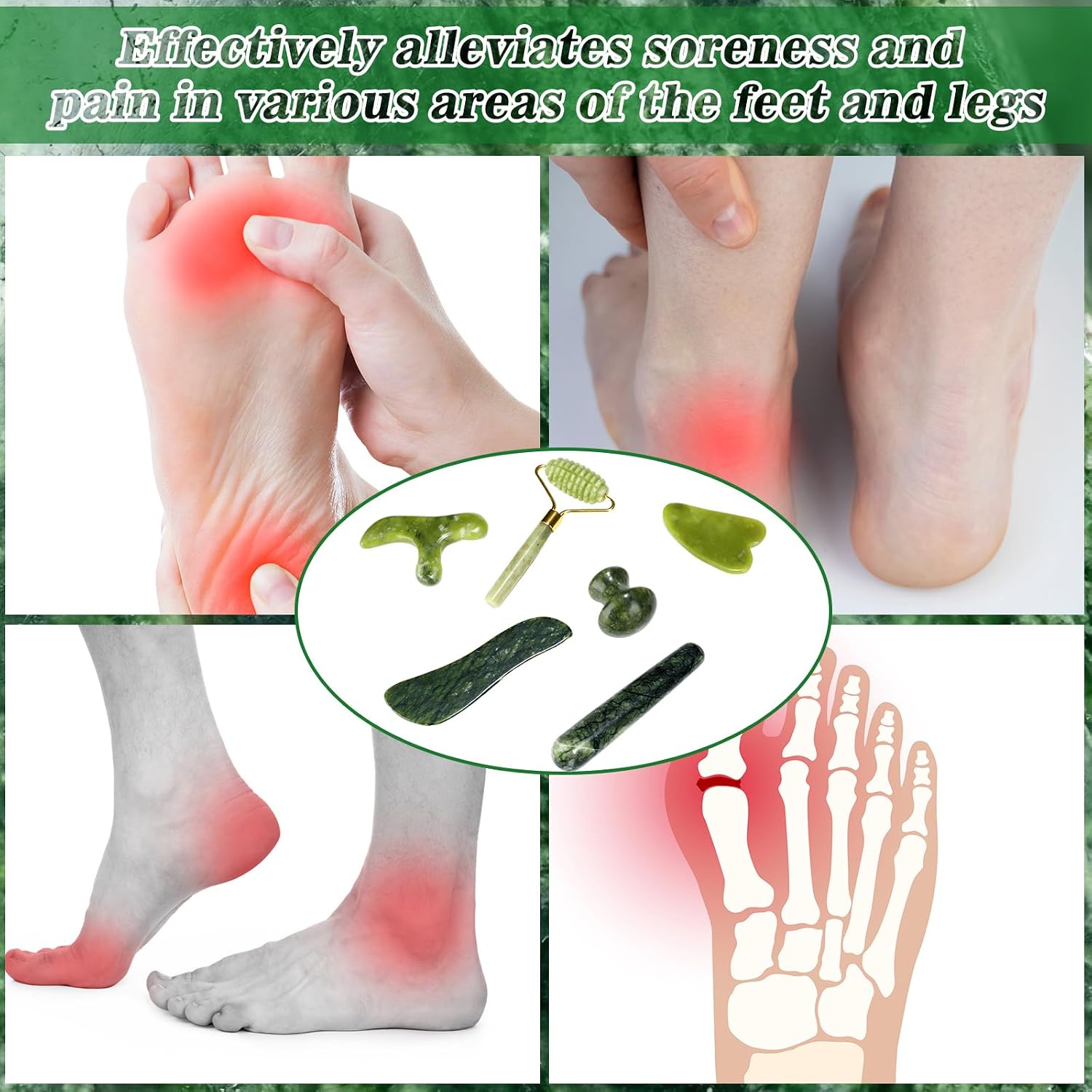 Sliner 6 Pcs Natural Jade Foot Massage Tool Set Jade Deep Tissue Point Massage Tool Foot Reflexology Massager Gua Sha Scraping Stone for Feet Care Relaxation Muscles Soreness Pain Relief