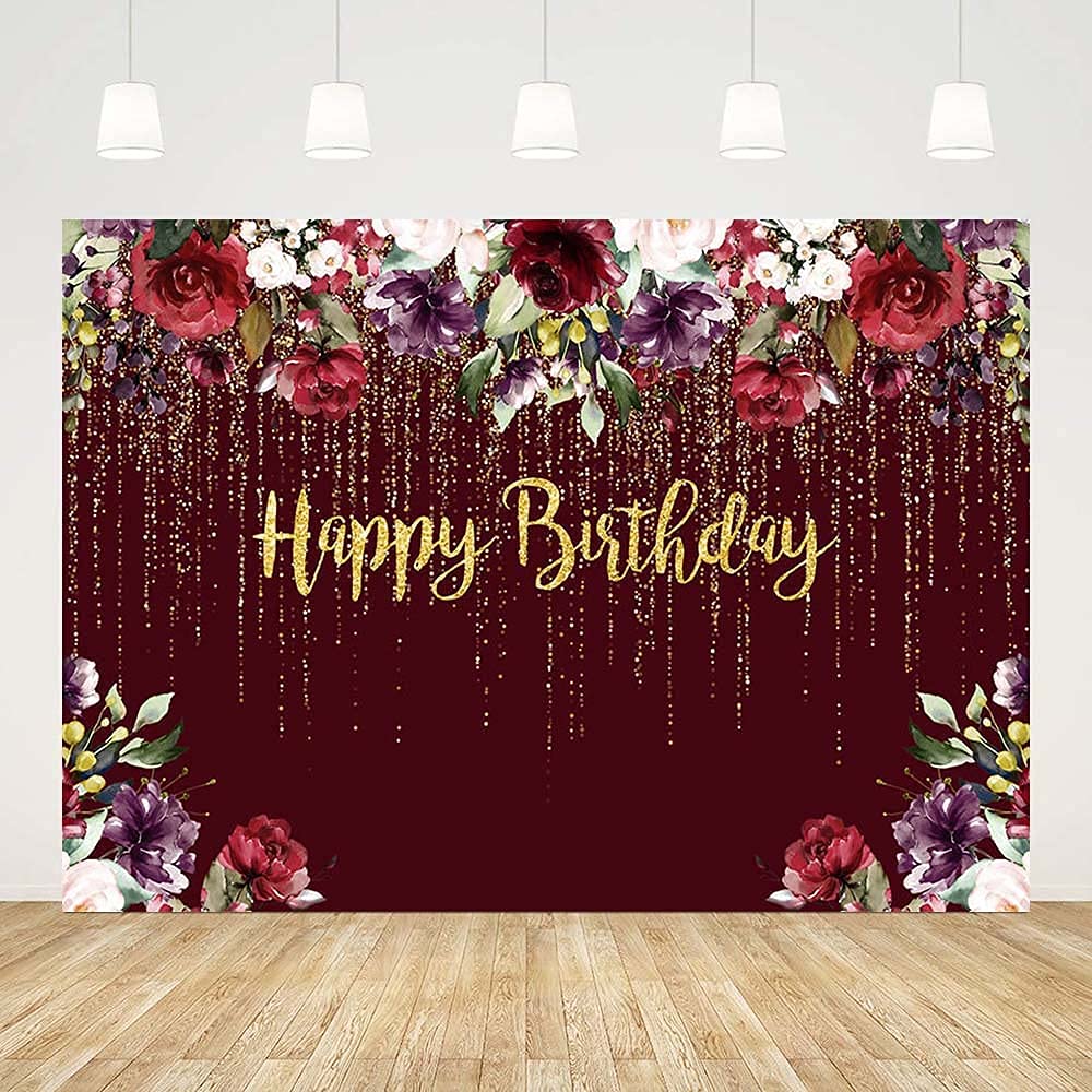 ABLIN 7x5ft Gold Happy Birthday Burgundy Backdrop Woman Girl Burgundy Red Purple Flowers Photo Background Dripping Beads Floral Party Decorations Cake