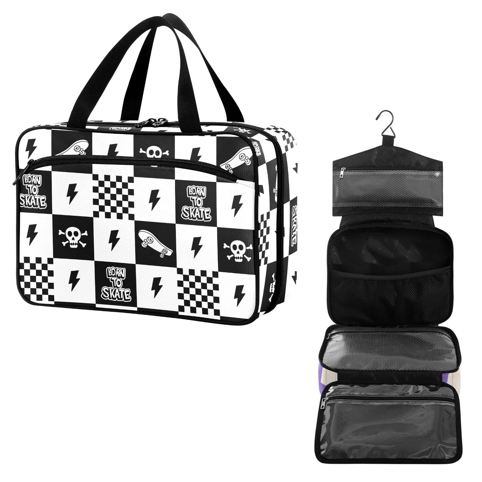 YNNALE Travel Toiletry Bag for Woman/Men,Black and White Checkered Skateboard Quoted Skull Lightning Hanging Organizer BagPortable Folding Travel Case Bags for Makeup Cosmetic Toiletries Storag-L