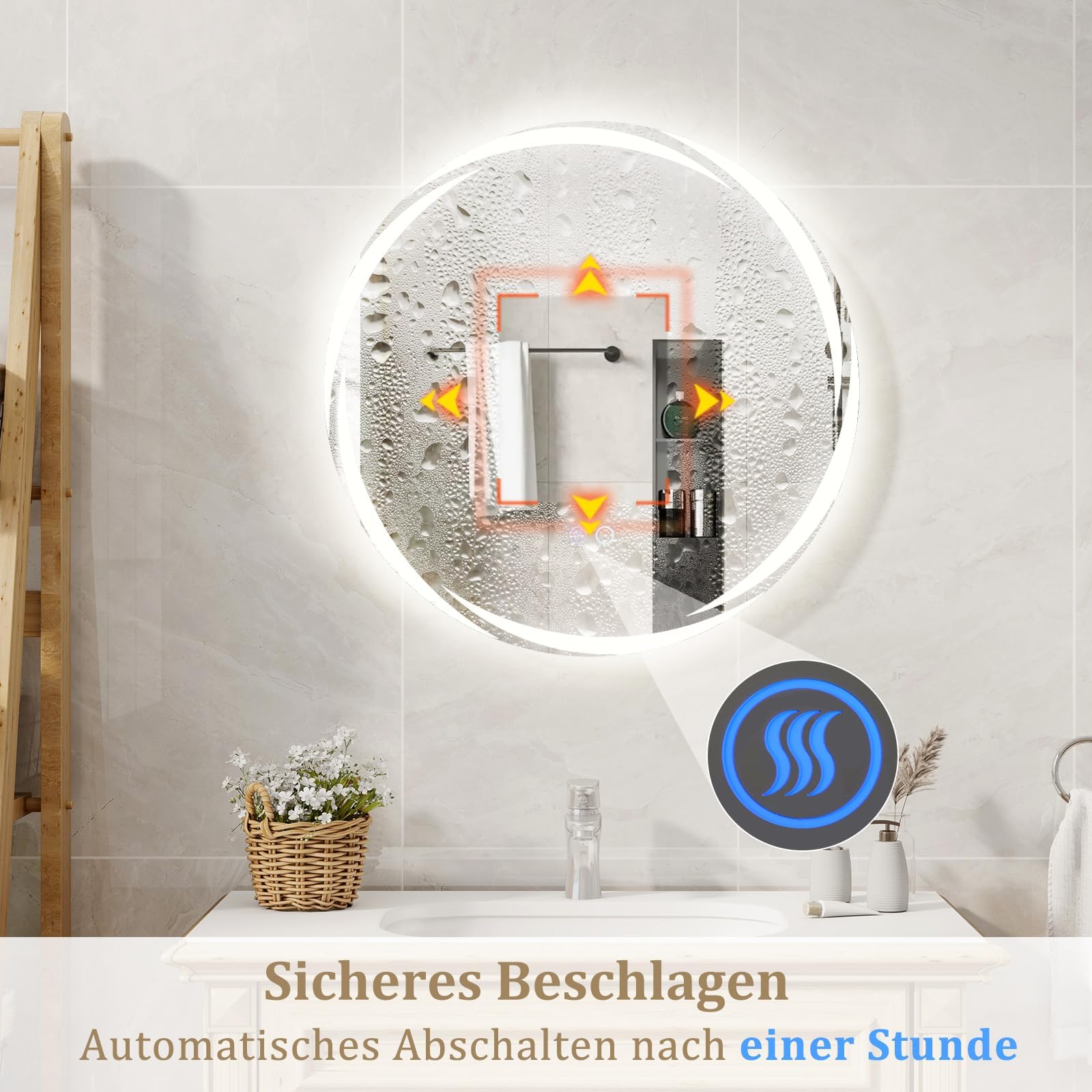 FANTASK Specchio da bagno a LED con illuminazione, 60 cm, rotondo, anti-appannamento, da parete, dimmerabile, con interruttore touch e funzione memoria, per bagno, ovale, 60 L x 60 B cm
