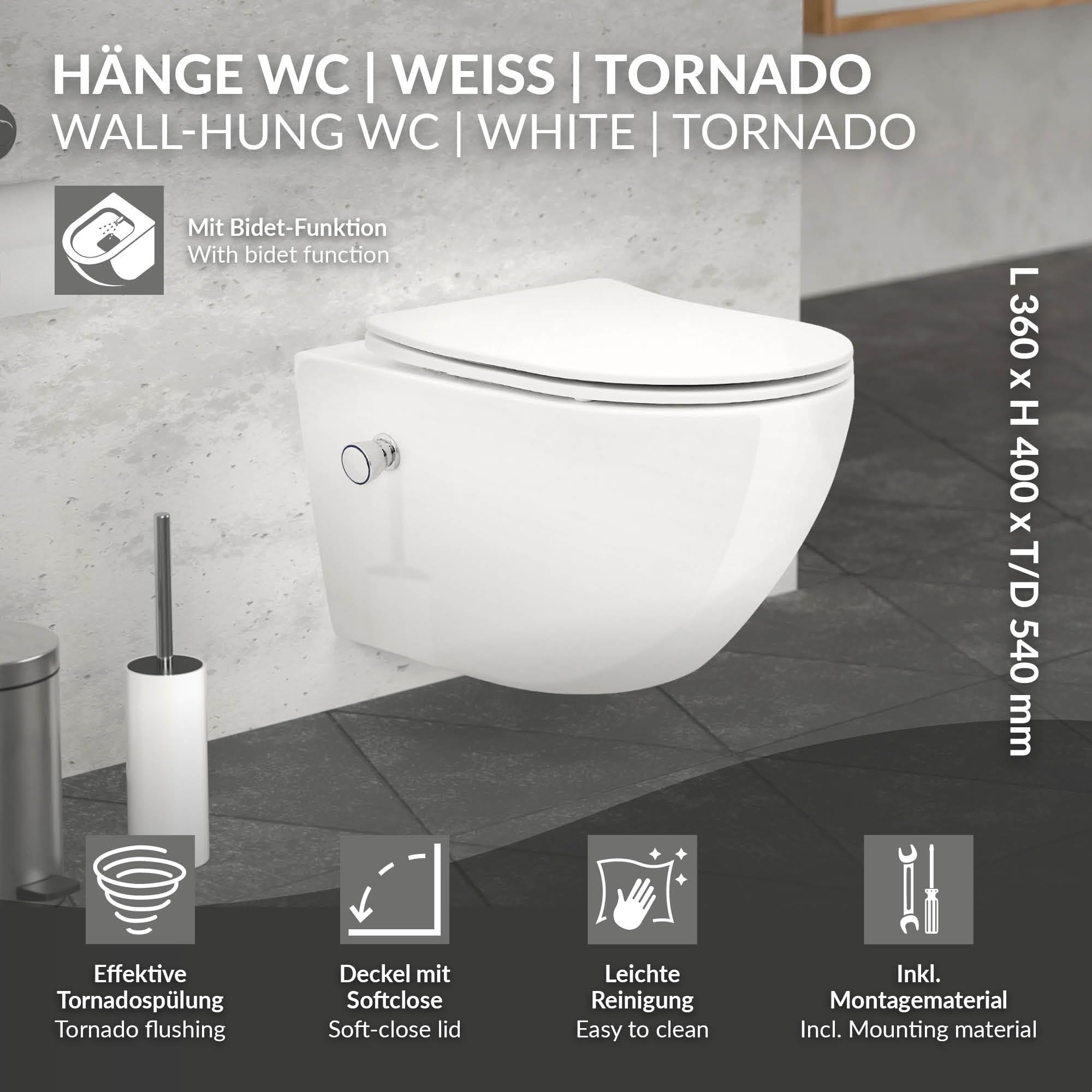 LuxeBath WC Suspendu sans Rebord Fonction Bidet, Blanc, en Céramique, à Chasse d'Eau Profonde Tornado, Long 54 cm, avec Couvercle Softclose, Cuvette Murale Brillante Abattant à Fermeture Automatique