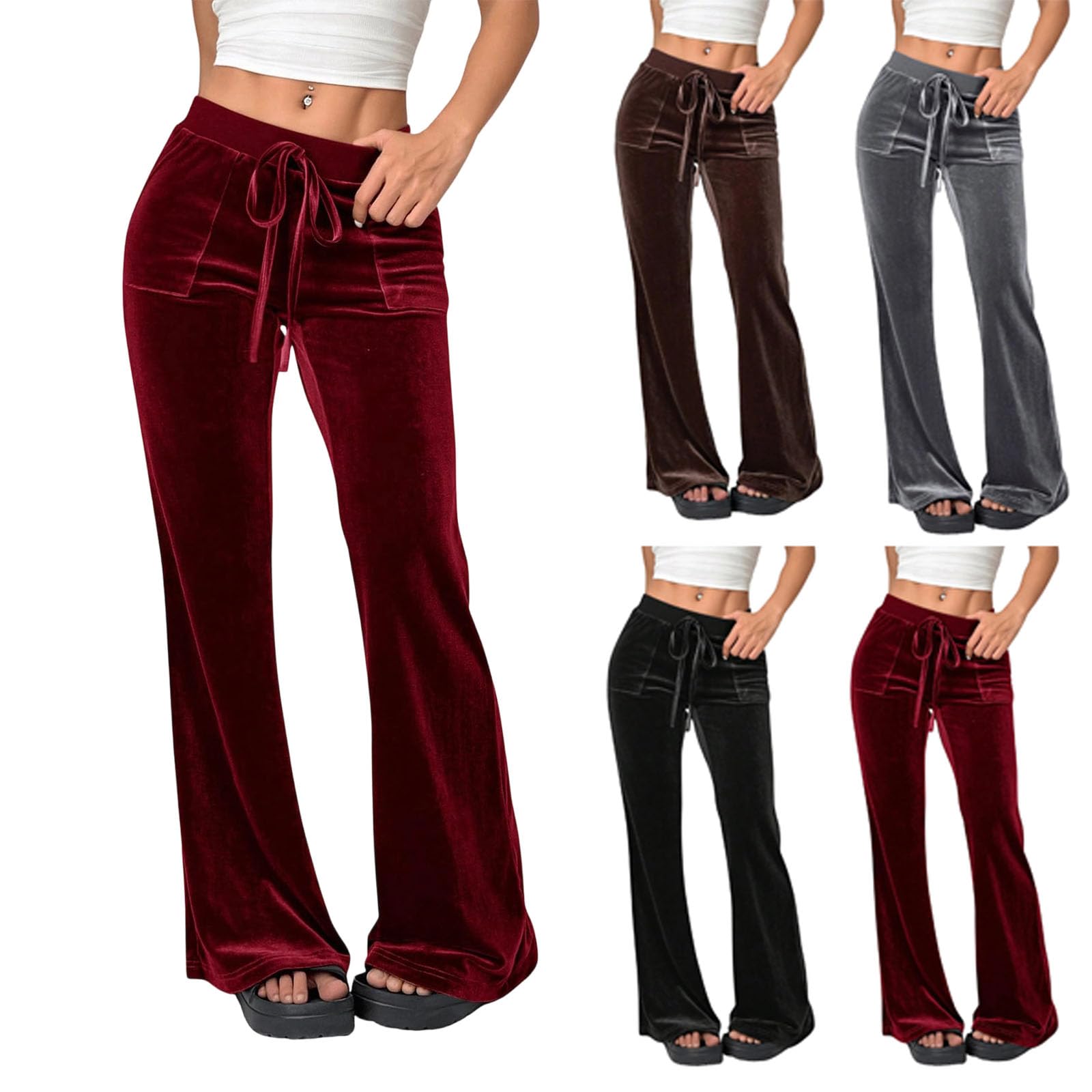 Womens Velvet Pants Casual Elastic High Waisted Drawstring Lounge Pants Business Work Wide Leg Trousers with Pockets
