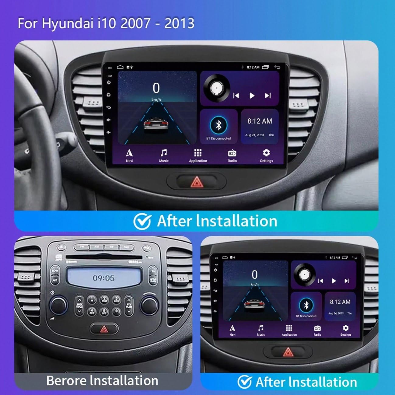Bezprzewodowy Ekran Apple Carplay Android Auto dla Hyundai i10 2007-2013 Przenośny Ekran Dotykowy Apple Carplay, Nawigacja Gps/Sterowanie, 4 Rdzeń 2G+32G