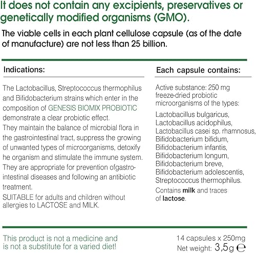 Miniatura 9 de Genesis Biomix Probiótico con Lactobacillus y Bifidobacterium Cepas 14 Cápsulas de 240 Mg- Paquete de Viaje