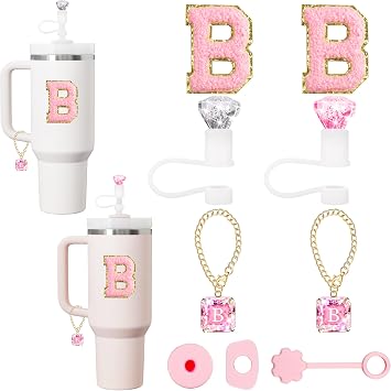XIANGYUAN Straw Cover for Stanley Cup Accessories,Bling Diamond Straw Topper,Unique Crystal Letter Charms for Stanley Cups,Sticker For Stanley Decorations,Pink Set for Stanley Cup 40/30 OZ B