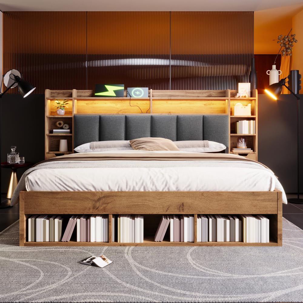 Cama de 180 x 200 cm con cajones, iluminación LED, puertos USB y Type-C, cama de 180 x 200 cm con somier de láminas de madera, estructura de cama de matrimonio con almacenamiento, roble, cabecero