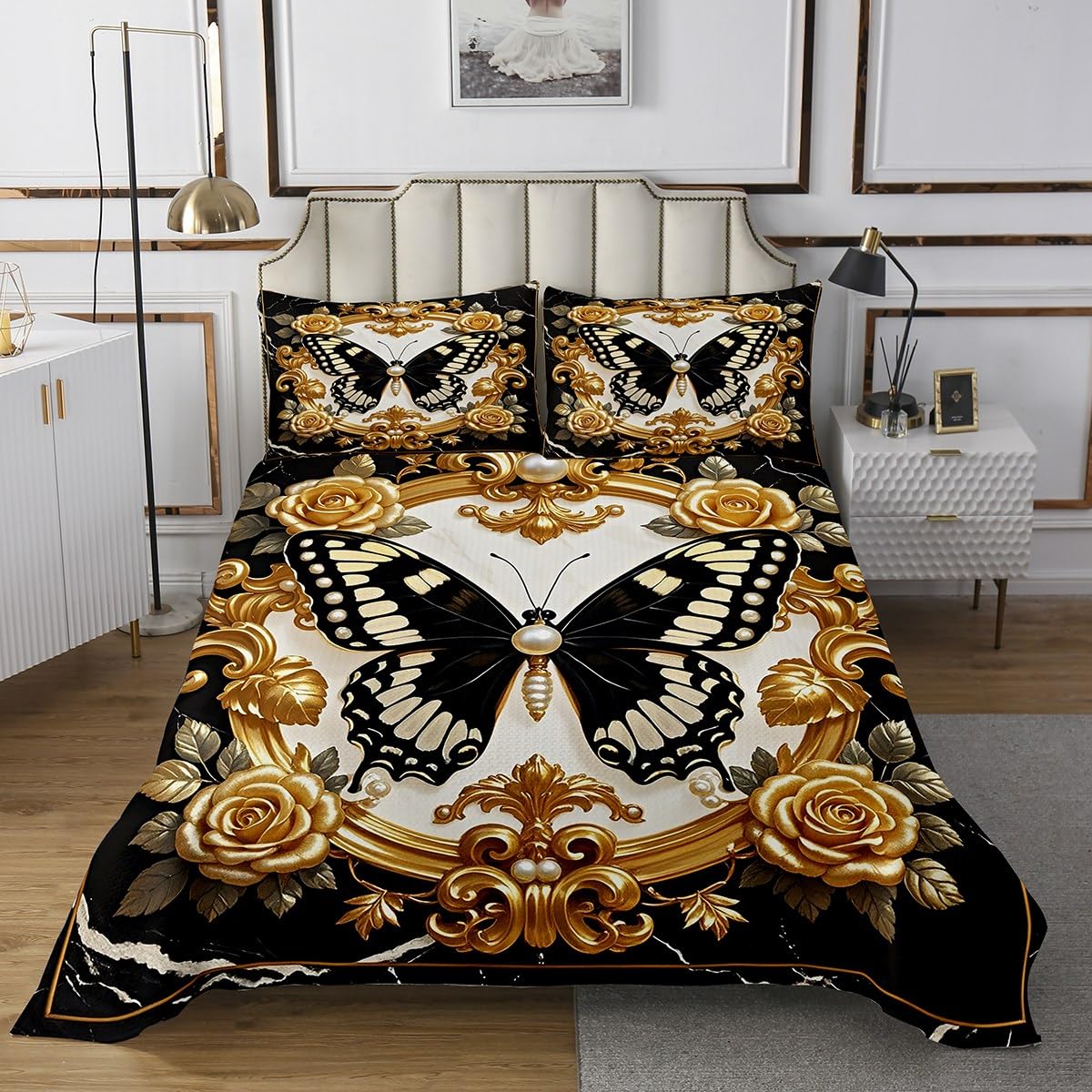 Castle Fairy Romantic Butterfly Bedspread Twin Size,Luxury Pearls and Retro Flowers Bedding Coverlet for Kids Teens Bedroom Decor,Black and Golden Bedding Set 2Pcs,1 Pillowcase