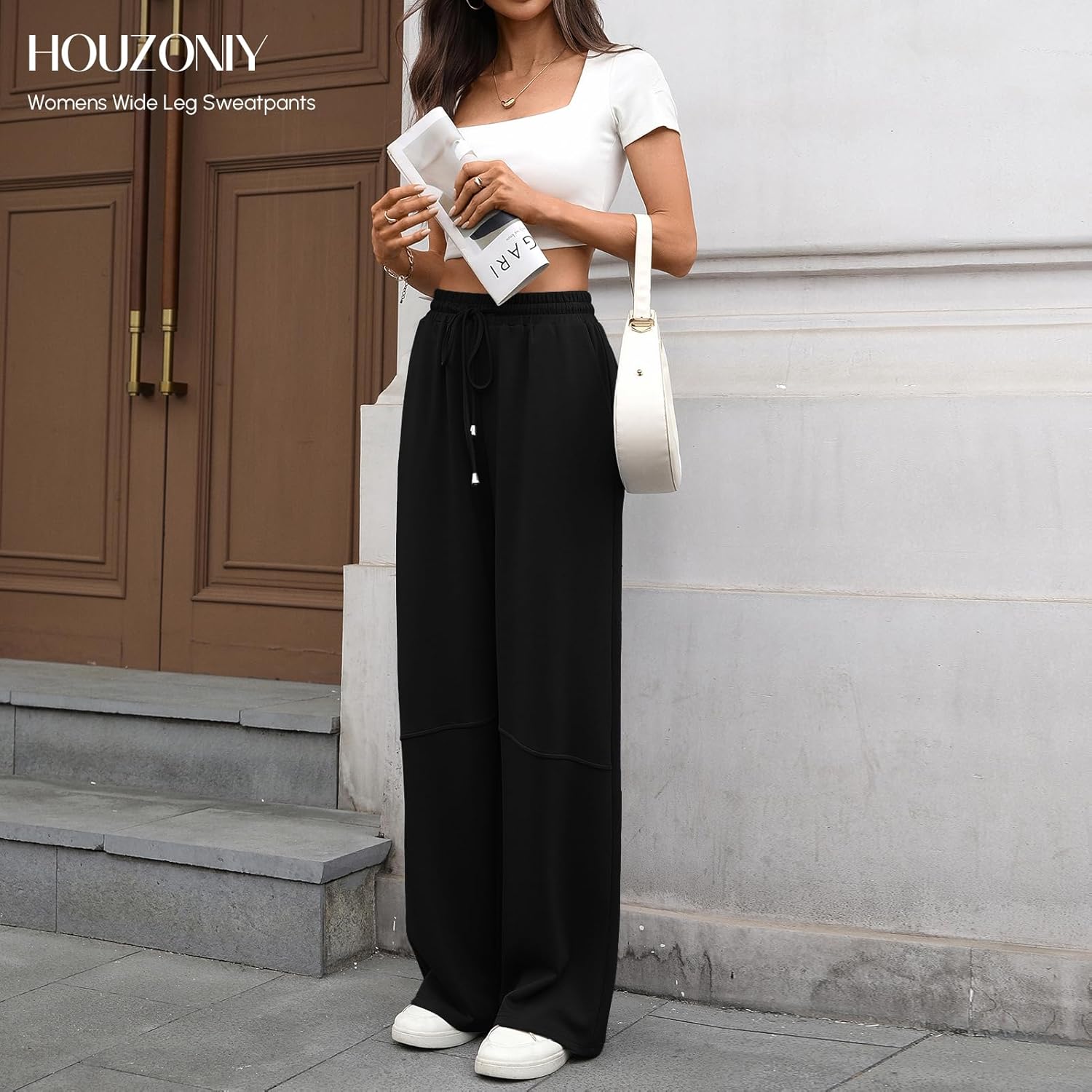 HOUZONIY Womens Wide Leg Sweatpants High Waisted Drawstring Straight Leg Baggy Comfy Casual Trendy Pull On Pockets Pants - Image 2