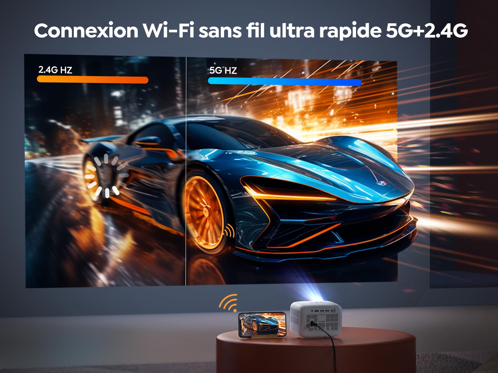 Videoprojecteur Portable, YABER E1 5G Mini Projecteur WiFi Bluetooth 5.2, ±40°Correction Verticale, Supporte 1080P Full HD, Projecteur Home Cinéma pour Phone/TV Stick/USB, Focus Électrique