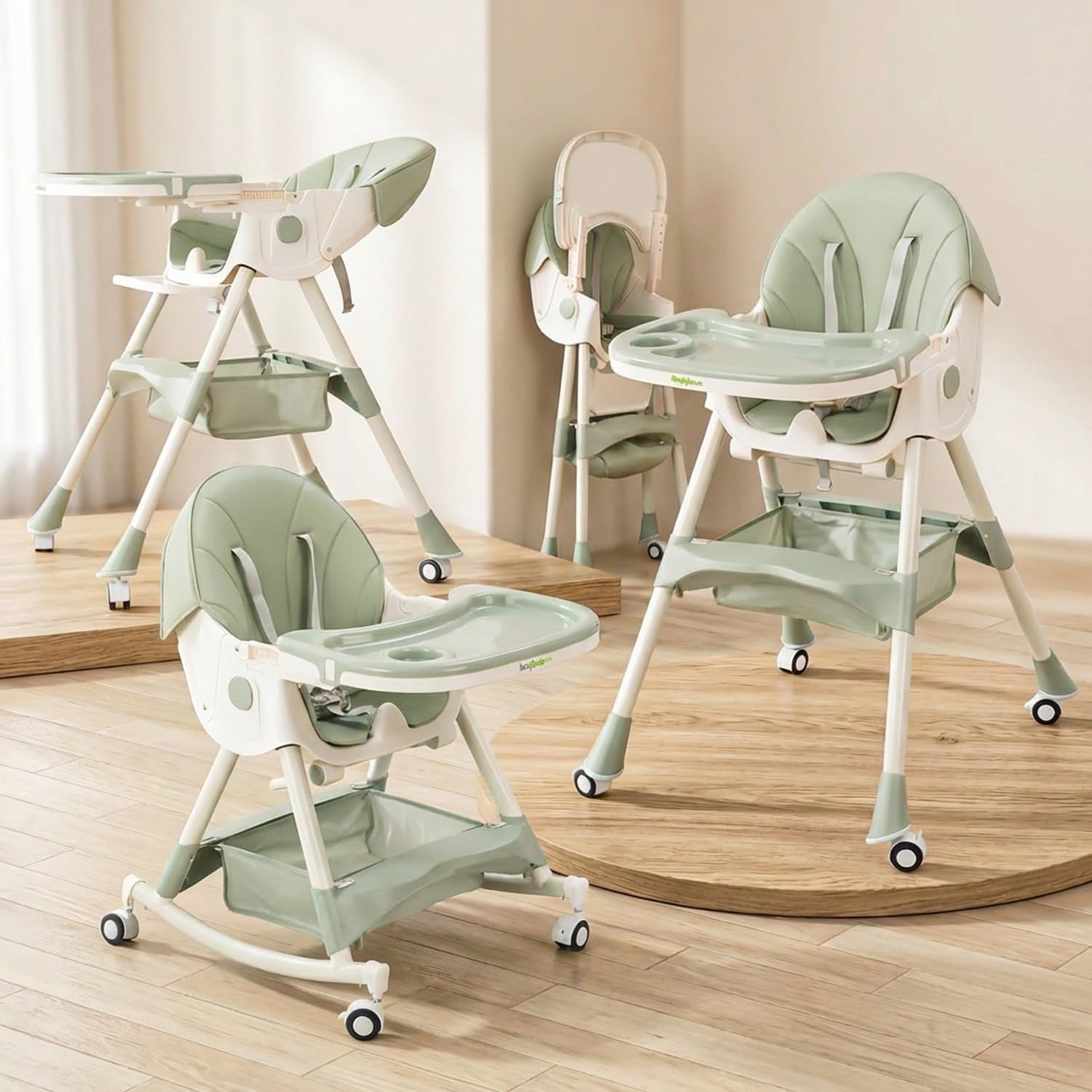 BAYBEE 3 in 1 Convertible High Chair with Adjustable Height and Footrest,Baby Toddler Feeding Booster Seat with Tray,Wheels,Safety Belt and Cushion,for Boys & Girls 6 Months to 3 Years (Liora Green)