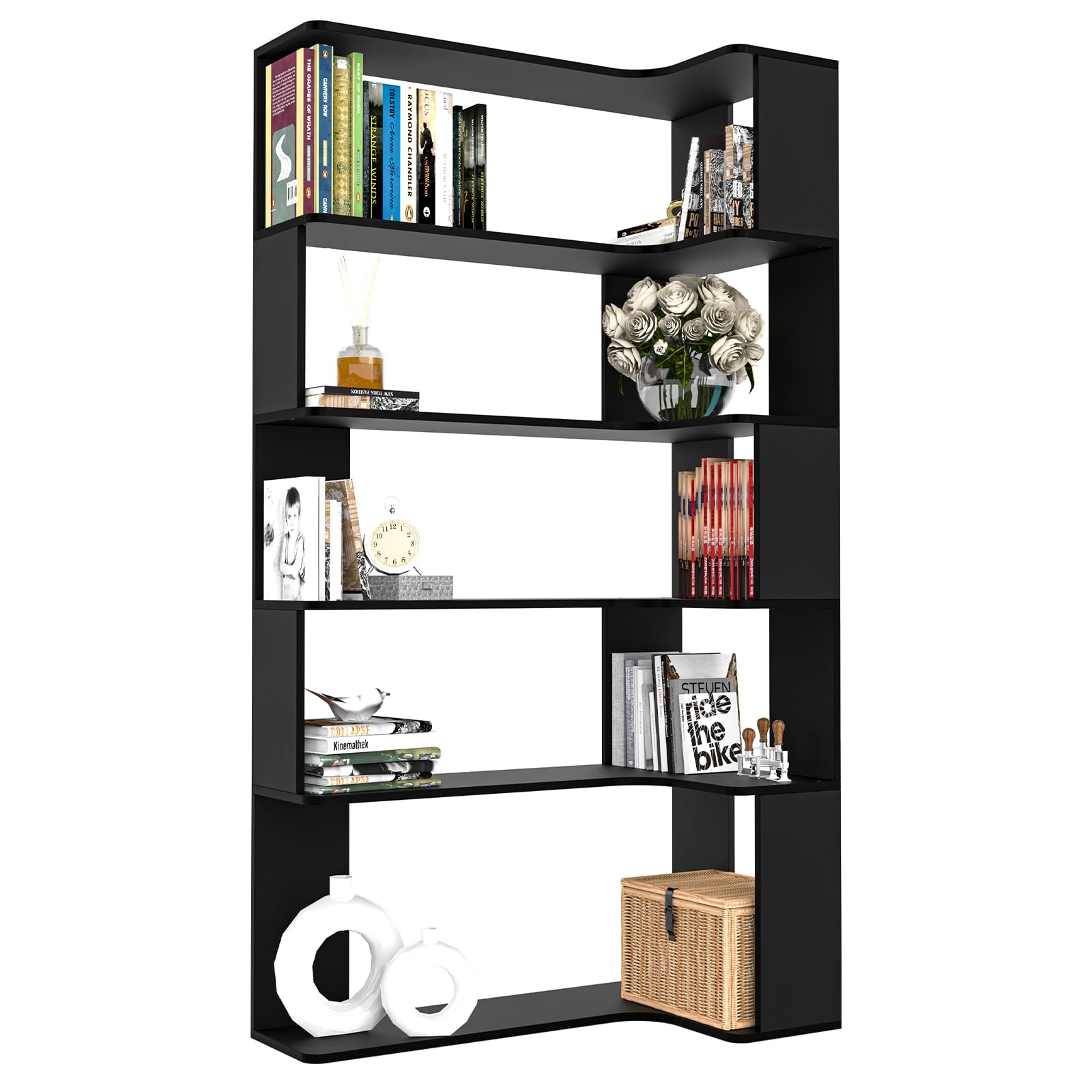 Eckregal 5 Ebenen, Standregal Großes Modernes Eck-Bücherregal, L-Förmiges Offenes Bücherregal, Eckregal Wohnzimmer Holz, Standregal aus Bambus für Schlafzimmer, Büro, Arbeitszimmer Schwarz