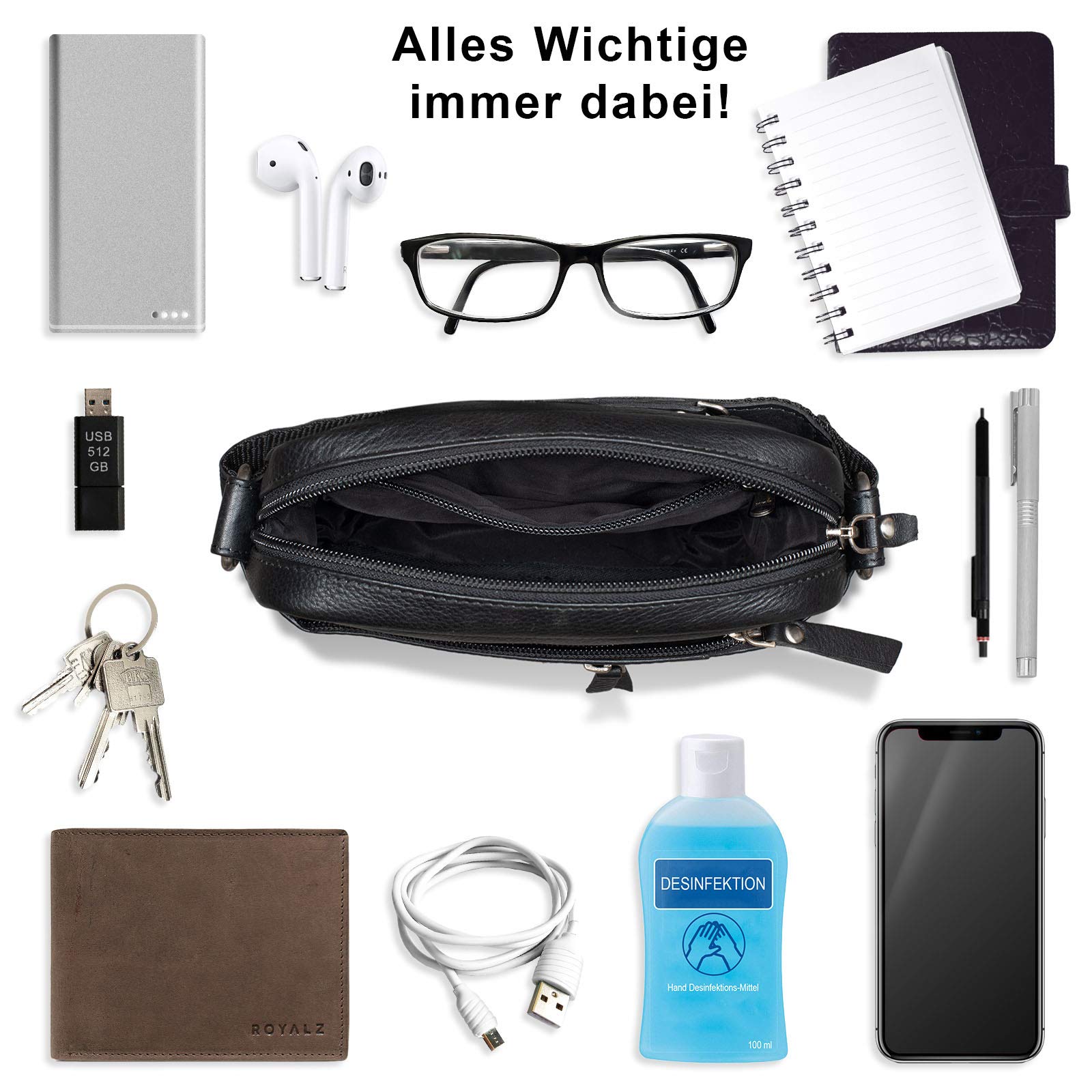 ROYALZ 'Dallas' Kleine Umhängetasche Herren Leder - Männer Schultertasche Echtleder im Vintage Look - Mini Ledertasche ideal für Alltag und Freizeit;Farbe:Schwarz