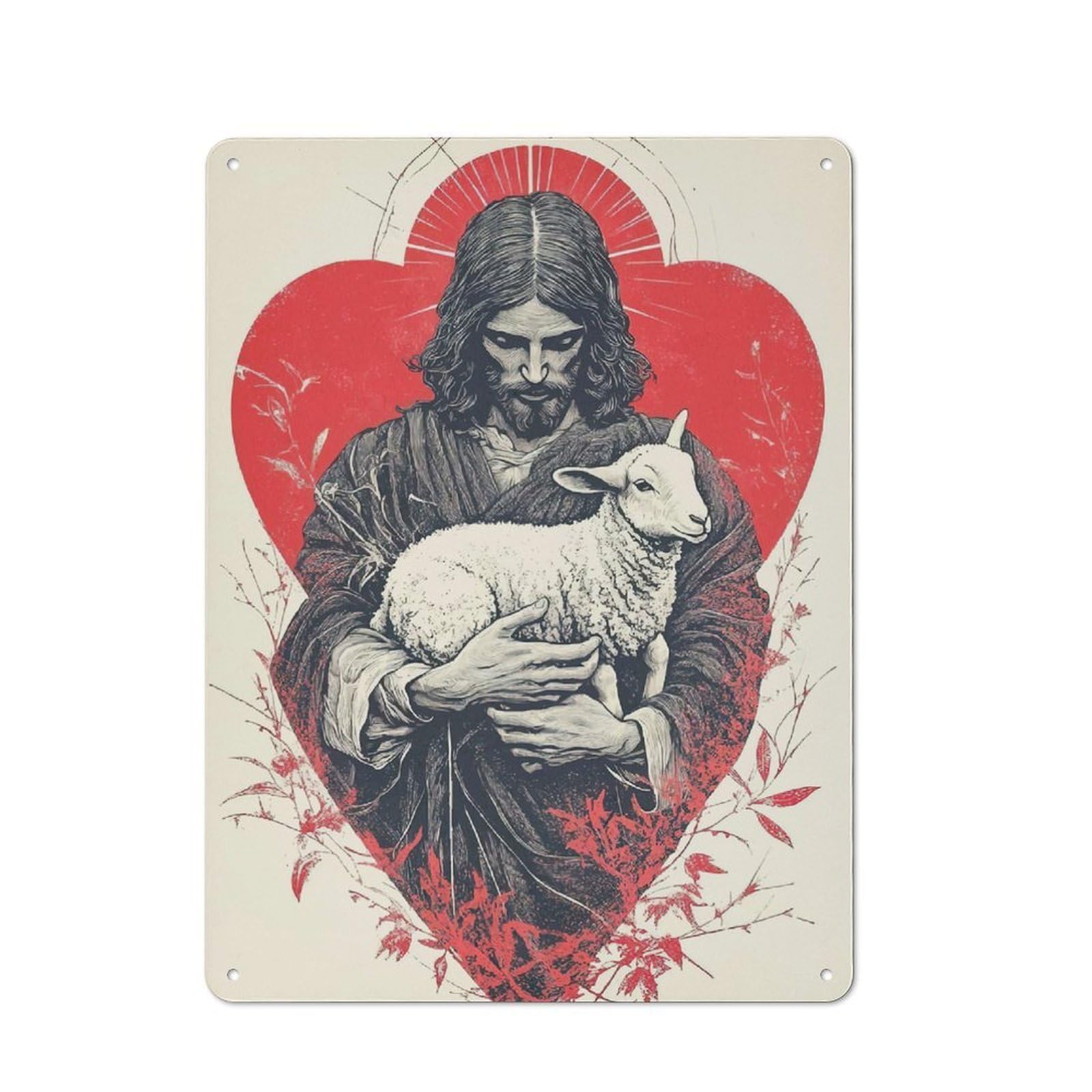 Junmoney Jesus Christ Holding Lamb Metal Wall Sign 40X30cm, Retro Decor For Hallway Wall, For Wall Display Collectors