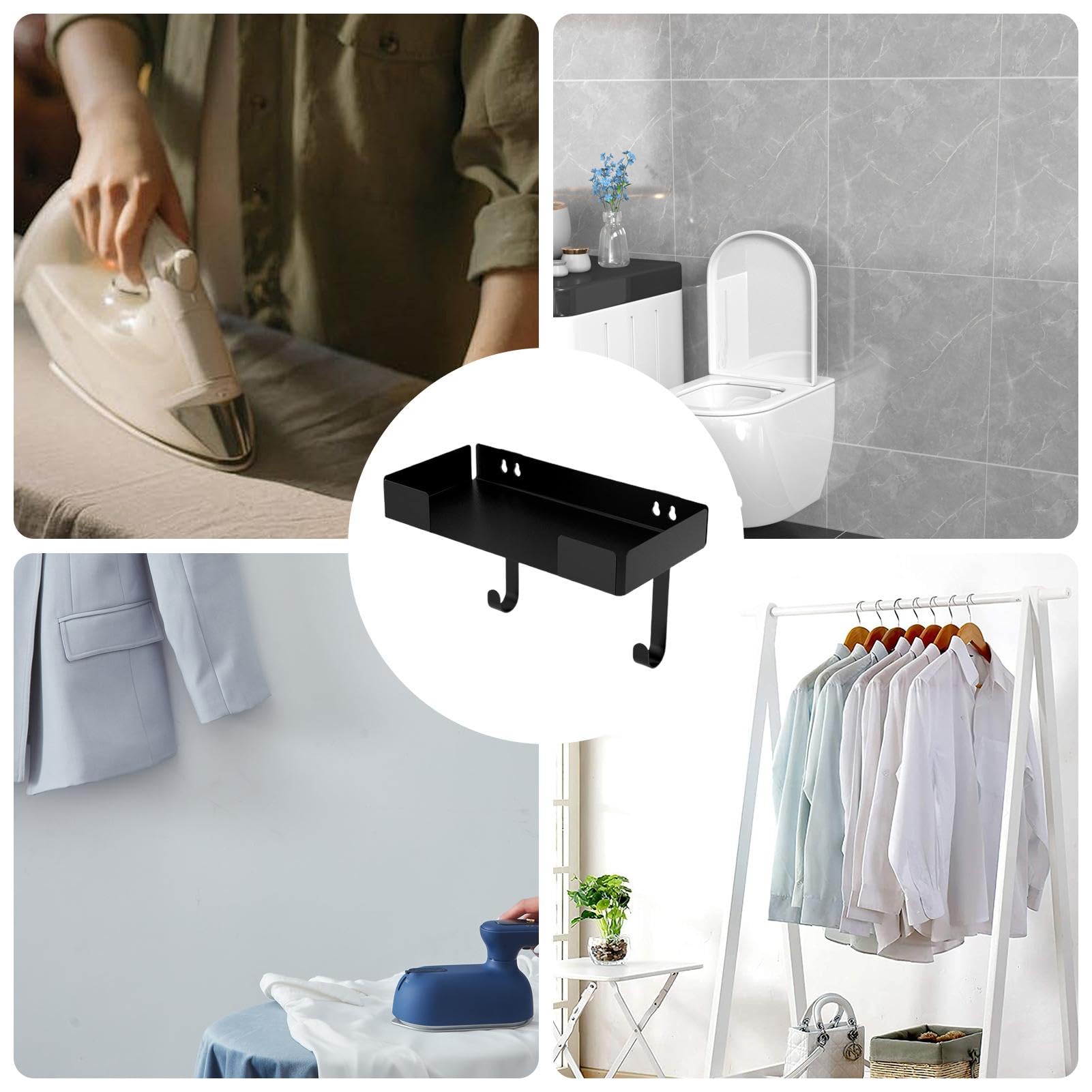 Supporto da parete in ferro, supporto da parete in ferro, elegante supporto per asse da stiro nero in acciaio – Supporto per ferro da stiro e asse da stiro con ganci, decorazione per la casa