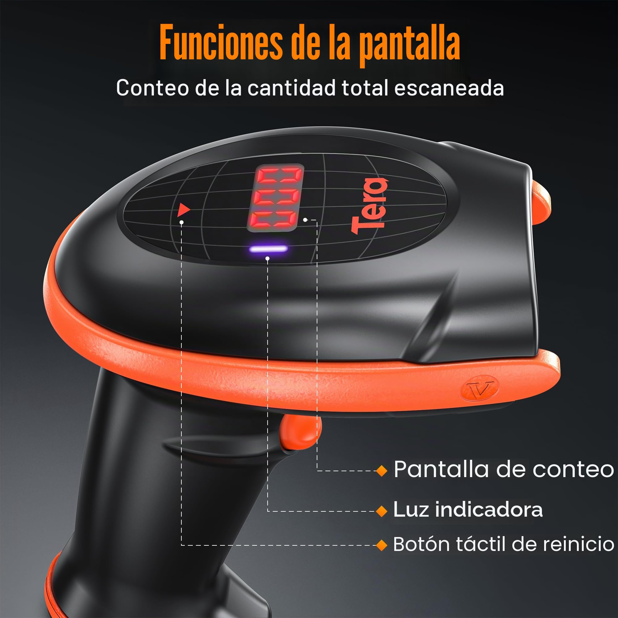 Tera Escáner de código de Barras con Sensor de Imagen de píxeles Altos 2D 1D QR Inalámbrico 2.4 GHz + Cable USB con estación de Carga y Contador Escáner de Imagen Digital HW0008