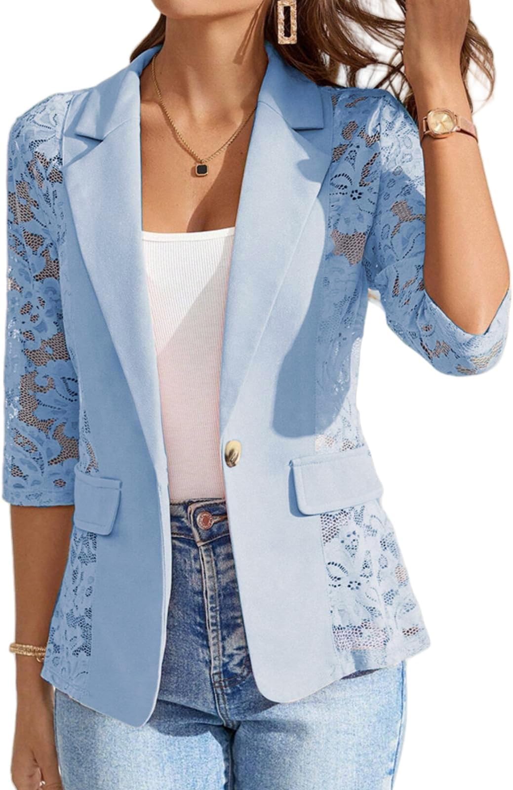 Women's Lace Blazer Open Front Button Down Sheer Mesh Blazer Elegant 3/4 Sleeve Casual Blazers Jacket