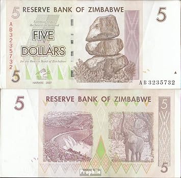Prophila Collection Banknote zimbabwe Pick-number 66 used III 2008 5 US dollars money for collectors - no means of payment Other mammals monkeys/dinosaurs/elephants ...