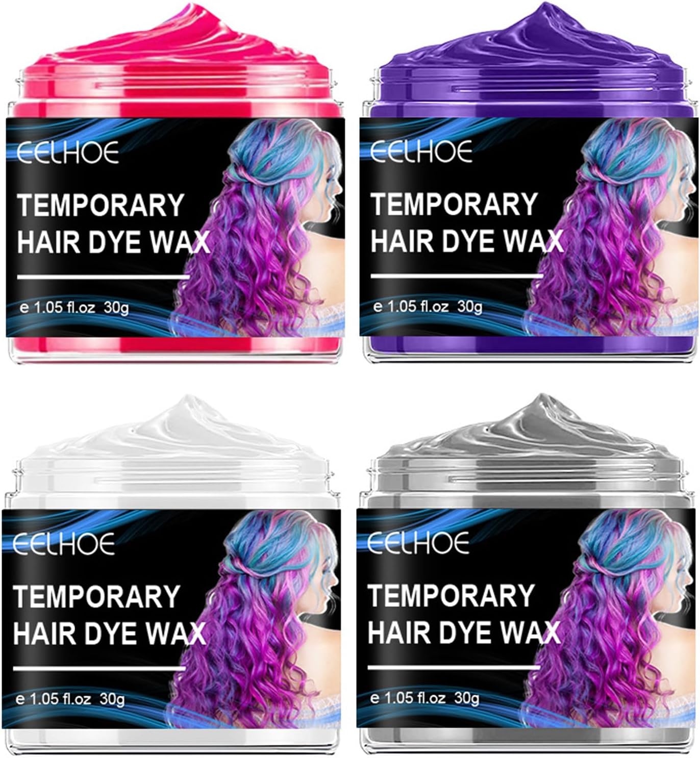 4 Stuks Haarkleurwax, Temporary Hair Coloring Wax 120g, Wasbare Haarverf, Wax voor Mannen en Vrouwen, Haarwas, Kleurstof, Modder, Natuurlijk Mat Kapsel voor Halloween(Rood, Paars, Grijs, Wit)