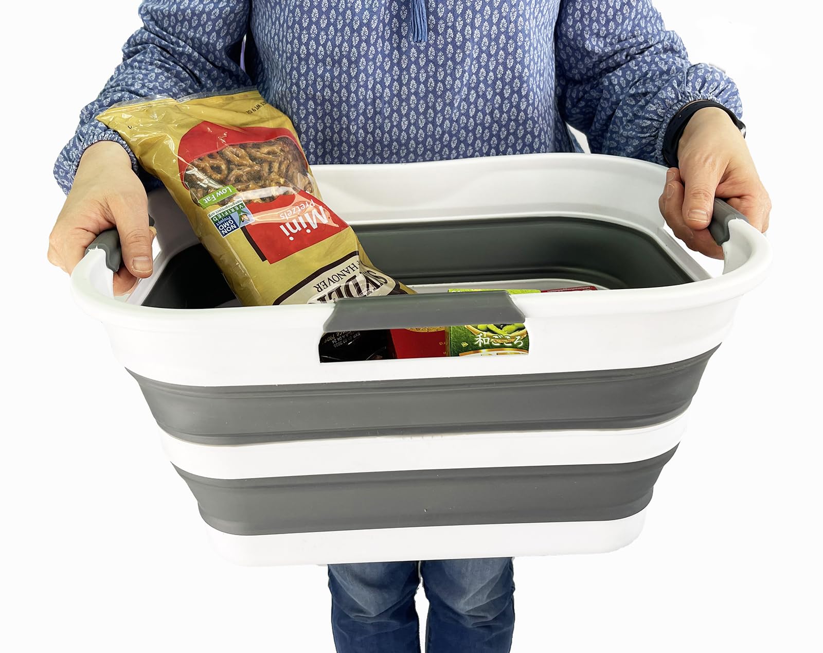 SAMMART 2er-Set zusammenklappbarer Wäschekorb/Organizer aus Kunststoff – Waschwanne – faltbarer Pop-Up-Aufbewahrungsbehälter – platzsparender/tragbarer Wäschekorb (Weiß/Stahlgrau, 19L)